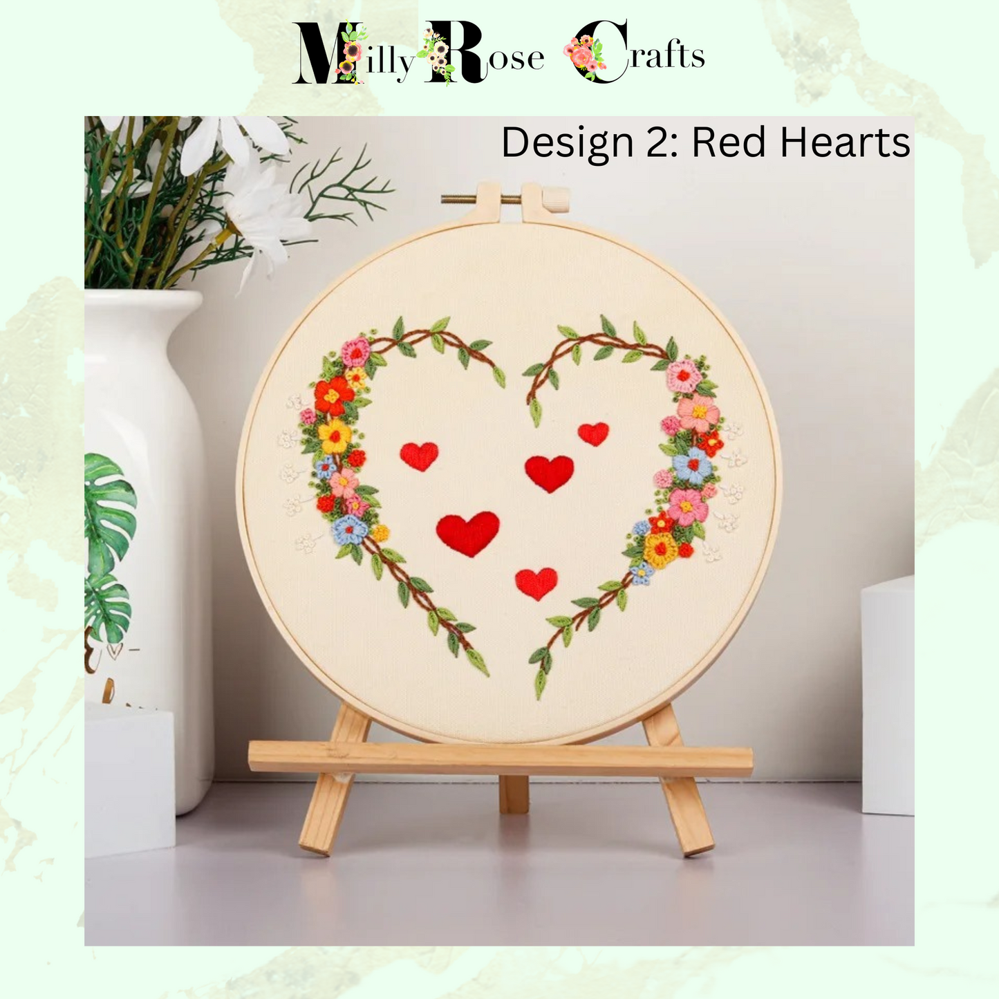 Flower Heart Embroidery Kit Adult Beginner Complete DIY Heart Shaped Stamped Embroidery Cross Stitch Pattern 20cm Hoop Valentines Craft Gift