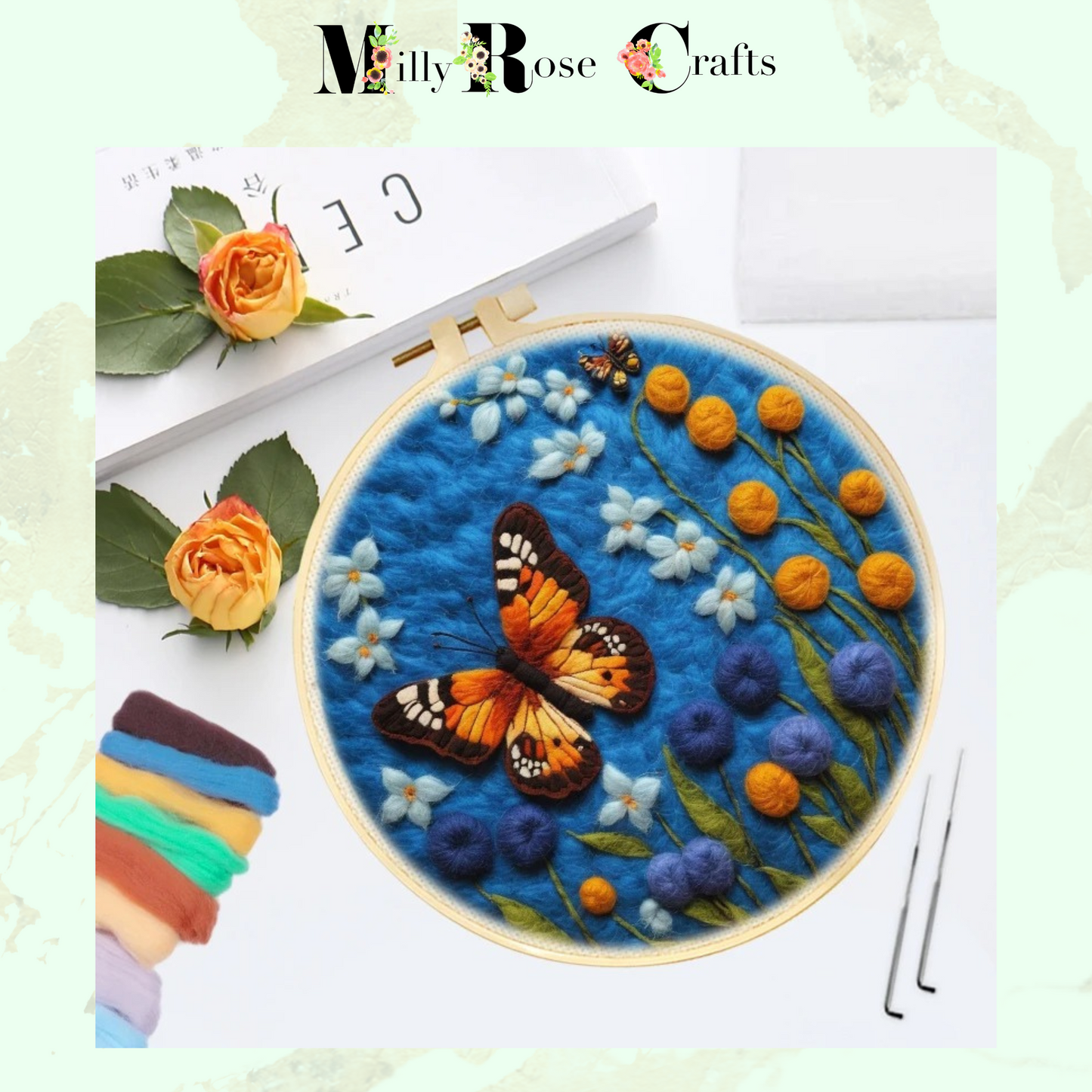 2D Butterfly Needle Felting Kit Adult Beginner Butterfly and Flowers Wool Painting Kit Complete Felting Kit Craft Gift Idea