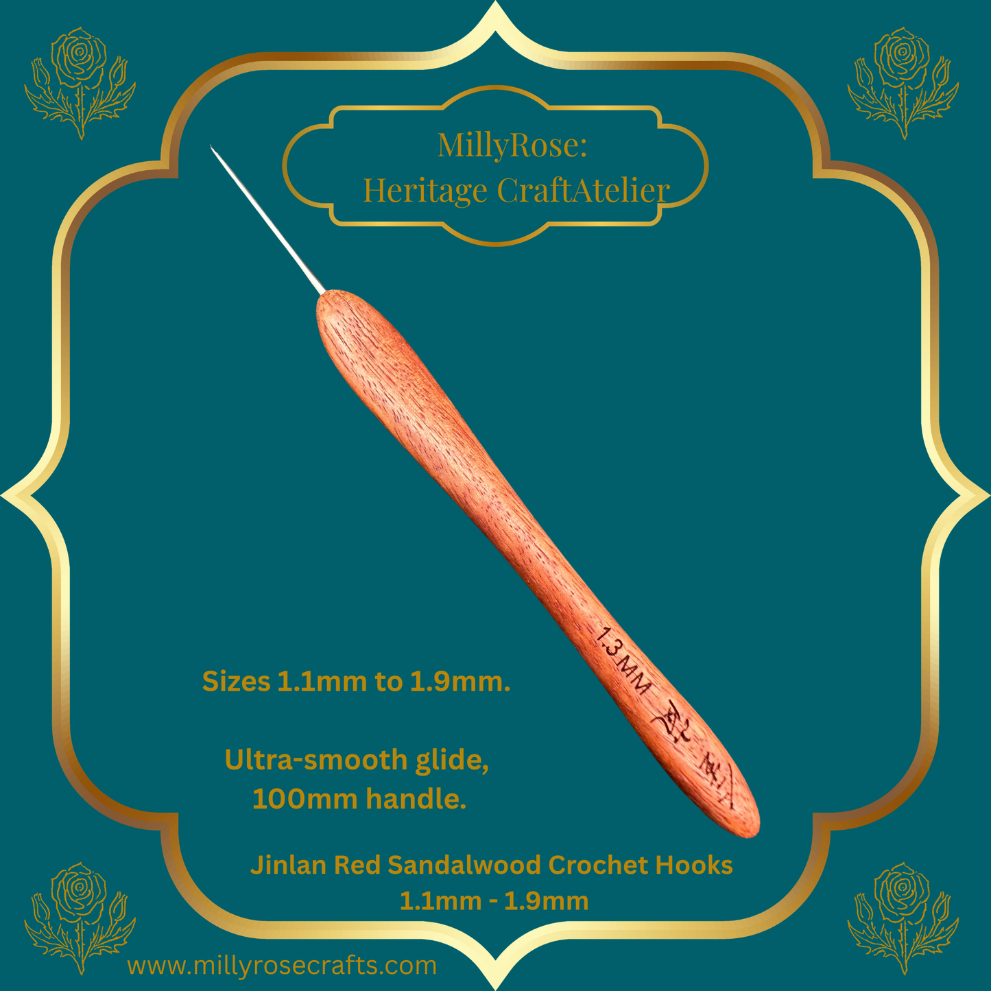 Jinlan Red Sandalwood Crochet Hook, Micro Crochet 1.1mm to 1.9mm High End Ergonomic Crochet Tool, Luxury Handcrafted Lace Hook, Heirloom Fiber Arts Gift, 100mm Handle