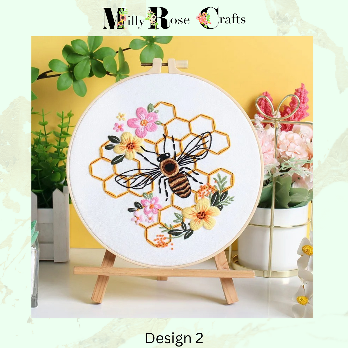 Bees Embroidery Kits Honeycomb Flowers DIY Cross Stitch Starter Craft Kits Beginner Adults Embroidery Cloth with Pattern Instruction Threads