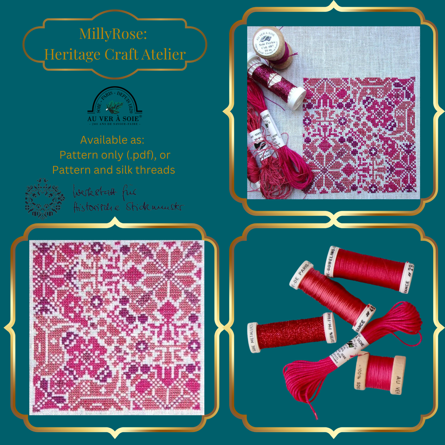 Historische Stickmuster Explorer Silk Cross Stitch Kit  Au Ver à Soie Fushia Burgundy Prune  Discovery Pack Sampler