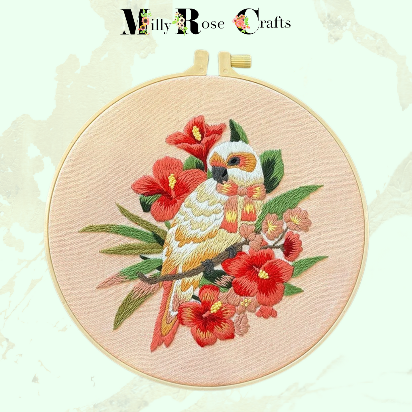 Cockatiel Parakeet Embroidery Kit Parrot Cross Stitch Bird & Flower Embroidery 20cm Hoop English Instruction Complete DIY Embroidery Craft