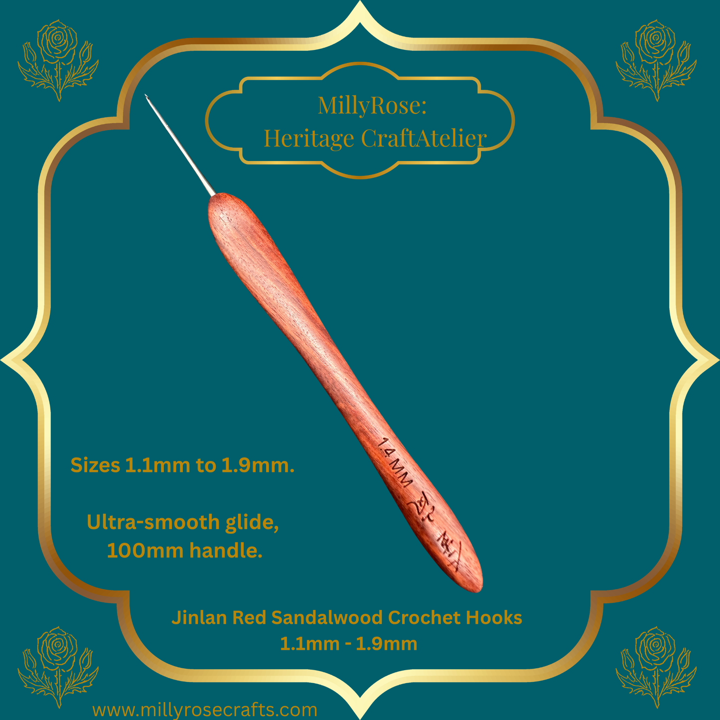 Jinlan Red Sandalwood Crochet Hook, Micro Crochet 1.1mm to 1.9mm High End Ergonomic Crochet Tool, Luxury Handcrafted Lace Hook, Heirloom Fiber Arts Gift, 100mm Handle