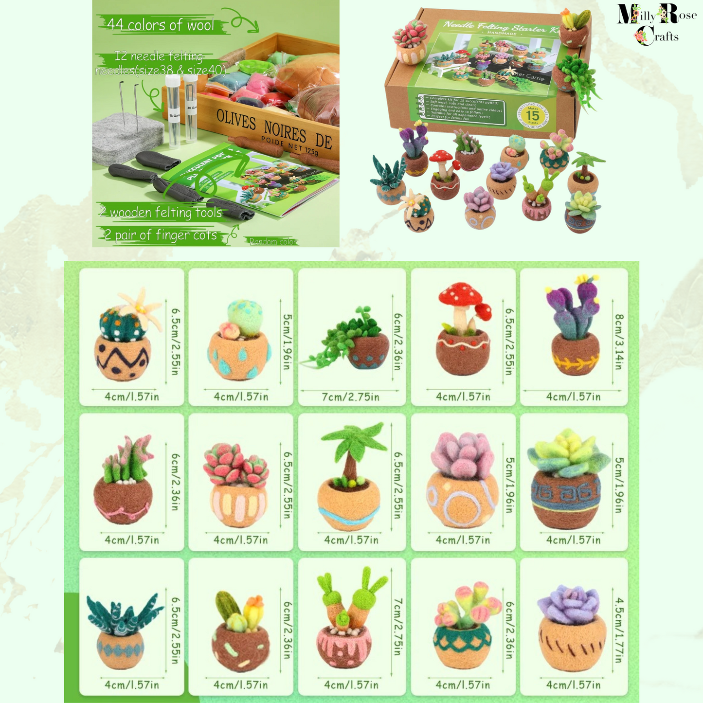 Succulent Needle Felting Kit, Cacti in Pots Needle Felting Kit 6-9-15 Cacti Felting Kit Wool Felting Mat 12 Felting Needles Craft Gift