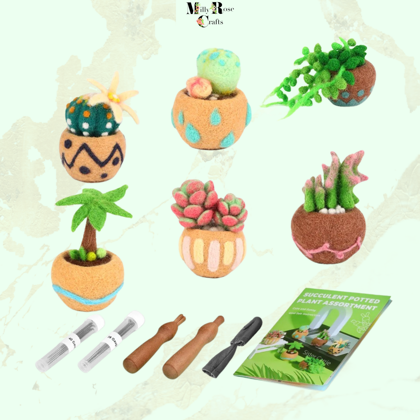 Succulent Needle Felting Kit, Cacti in Pots Needle Felting Kit 6-9-15 Cacti Felting Kit Wool Felting Mat 12 Felting Needles Craft Gift