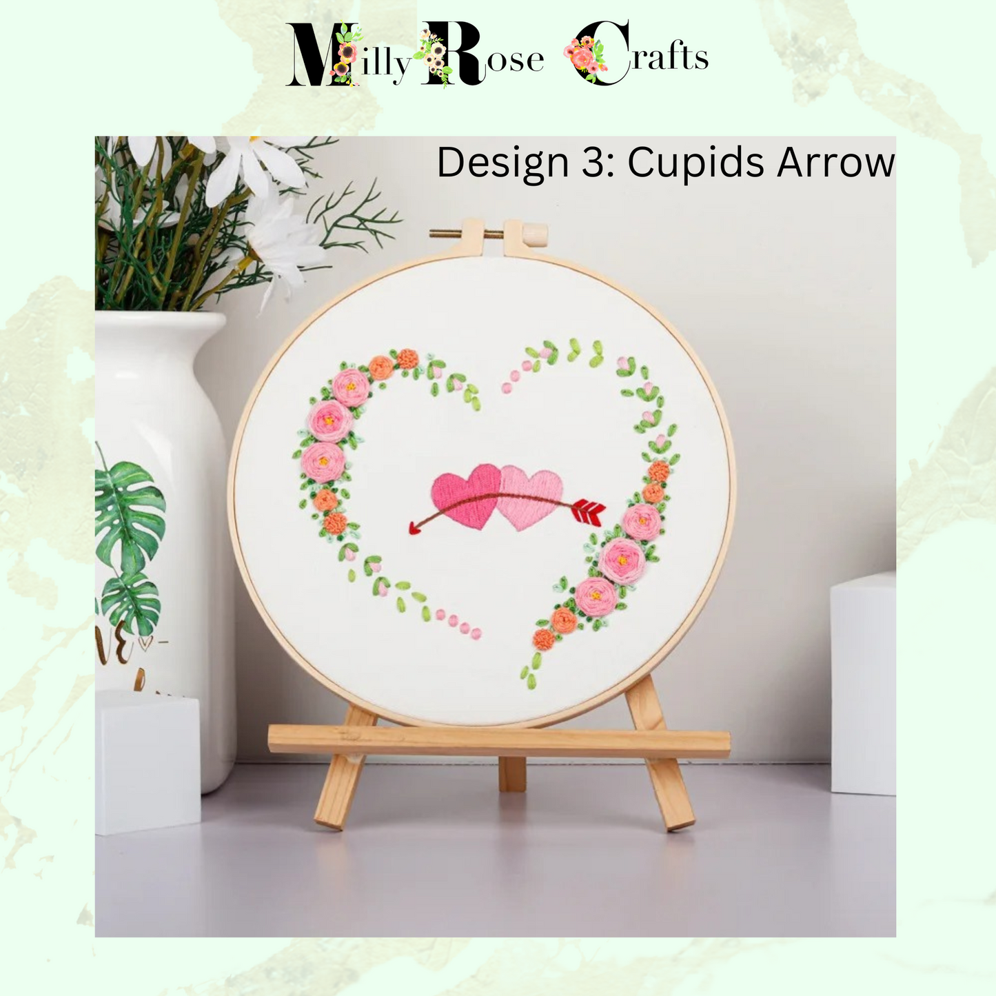 Flower Heart Embroidery Kit Adult Beginner Complete DIY Heart Shaped Stamped Embroidery Cross Stitch Pattern 20cm Hoop Valentines Craft Gift