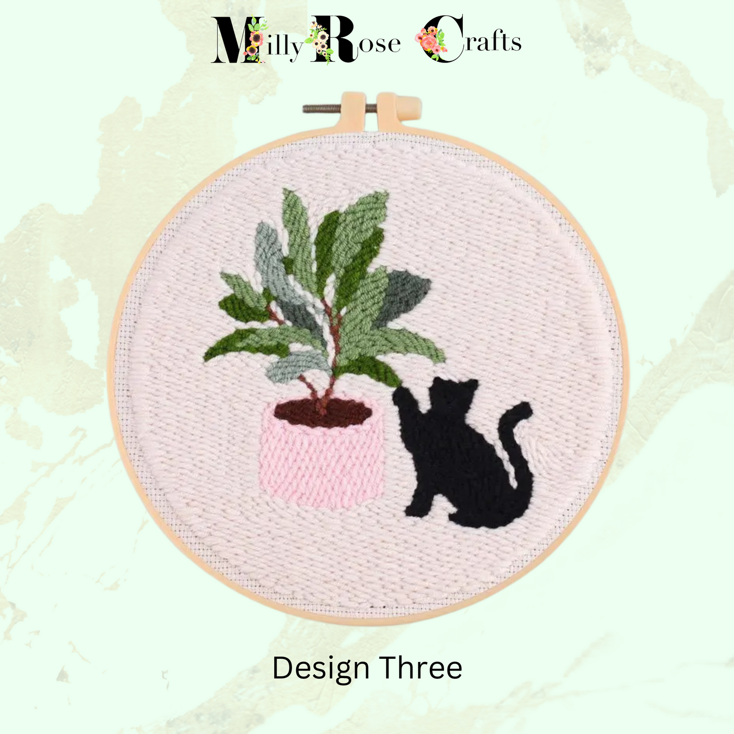 Black Cat Punch Needle Kit Beginner Adult Cat and Plant Punch Needle Embroidery Kit 20cm Hoop Complete DIY Craft Kit Gift Idea