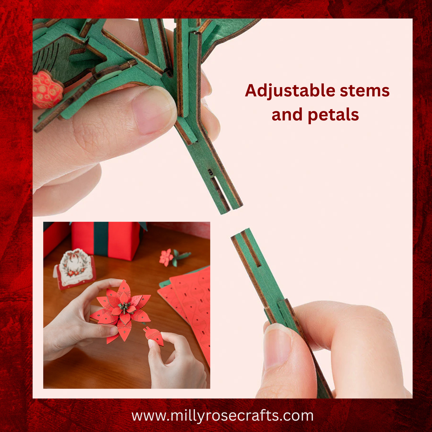 Rowood Christmas Poinsettia Flower Kit Robotime 3D Puzzle DIY Wooden Flower Craft Kit Christmas Table Décor Wooden Craft Gift Toy Gift Kit