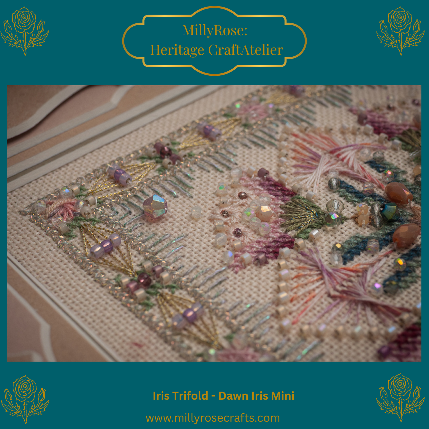 IMAKE Iris Trifold: Dawn Iris Mini Luxury Cross Stitch & Mixed Media Needlework Kit Bead & Silk Embroidery
