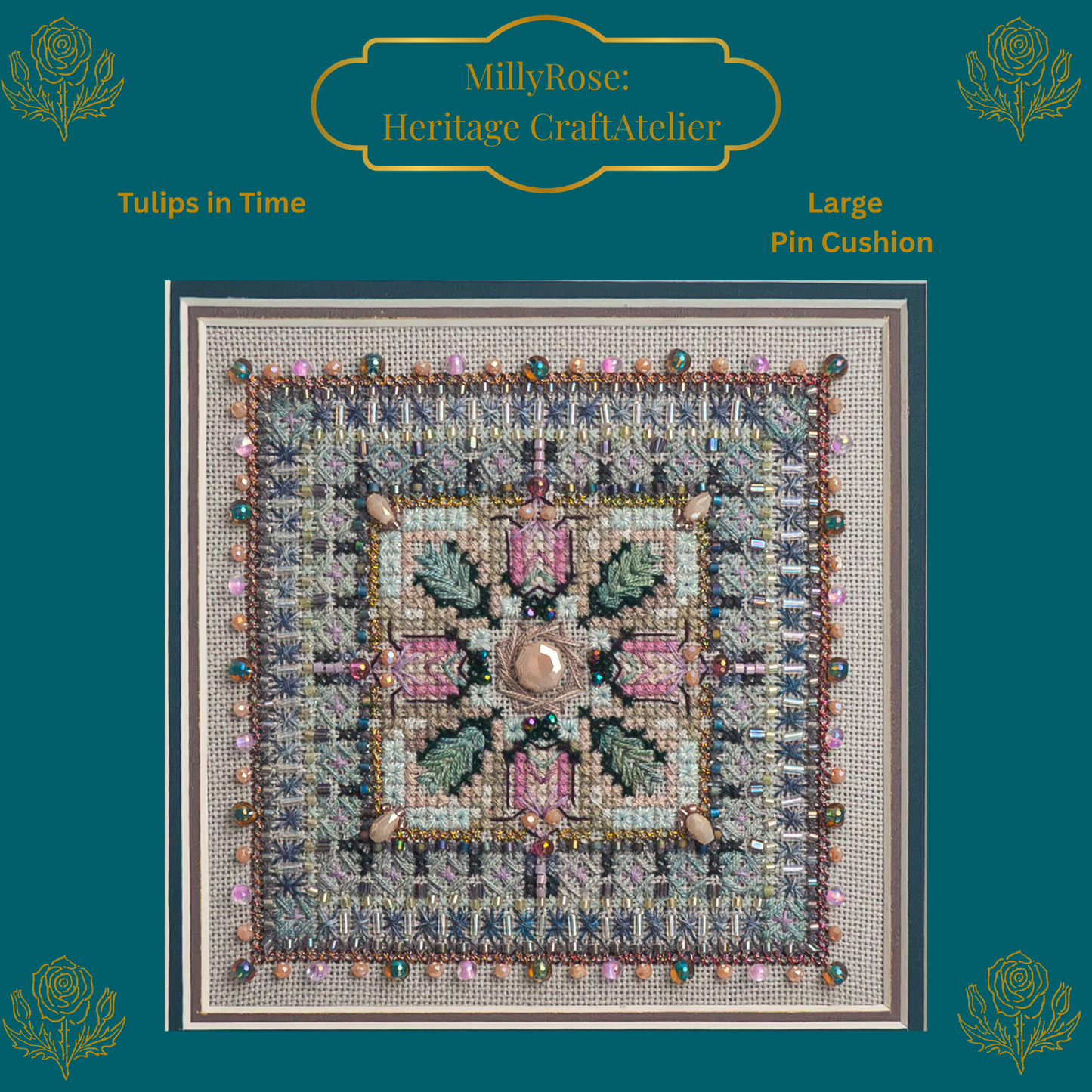 A beautiful three-dimensional stitched tulip pincushion showing detailed geometric beadwork, multi-tonal hand-dyed silk threads, and a decorative button center.
