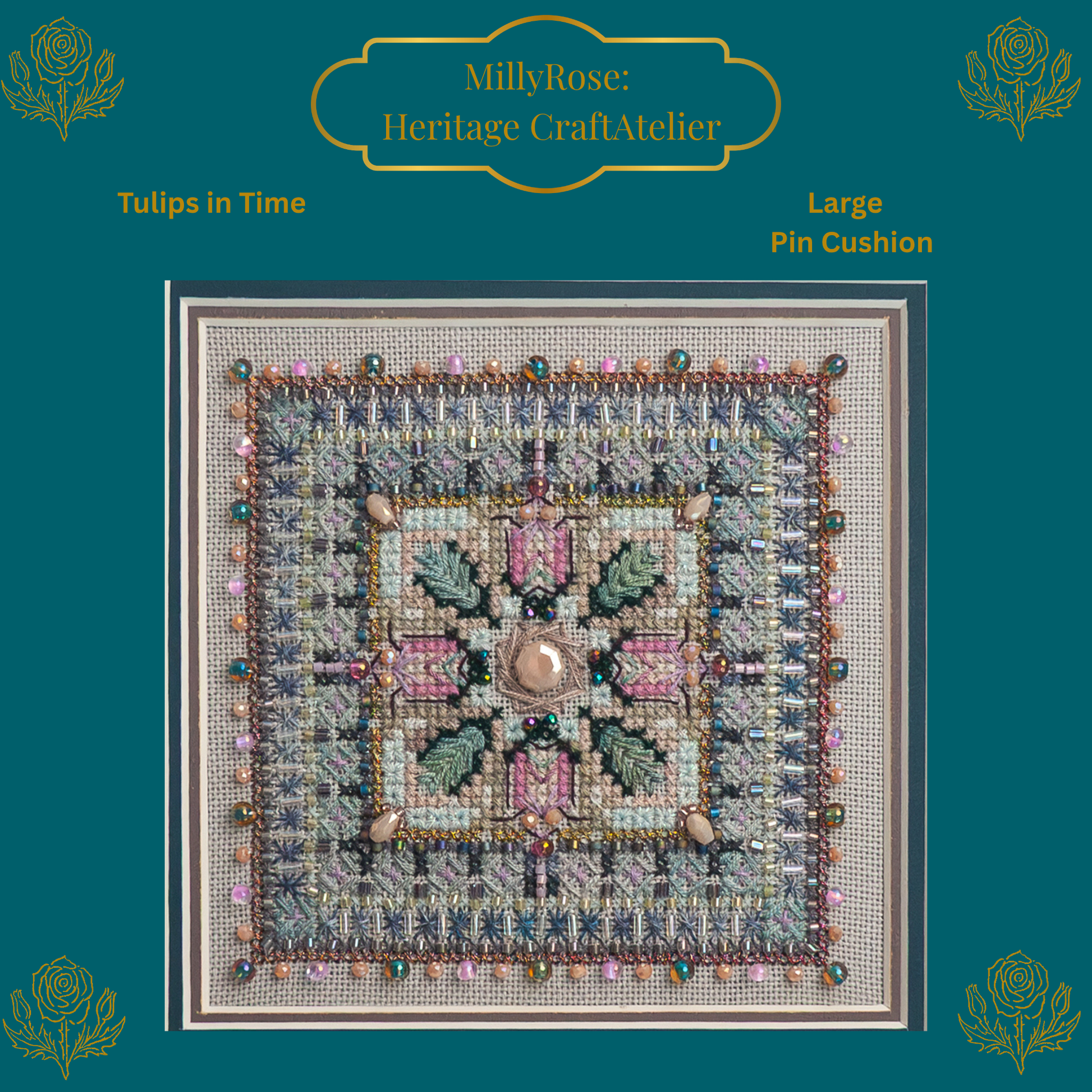 A beautiful three-dimensional stitched tulip pincushion showing detailed geometric beadwork, multi-tonal hand-dyed silk threads, and a decorative button center.