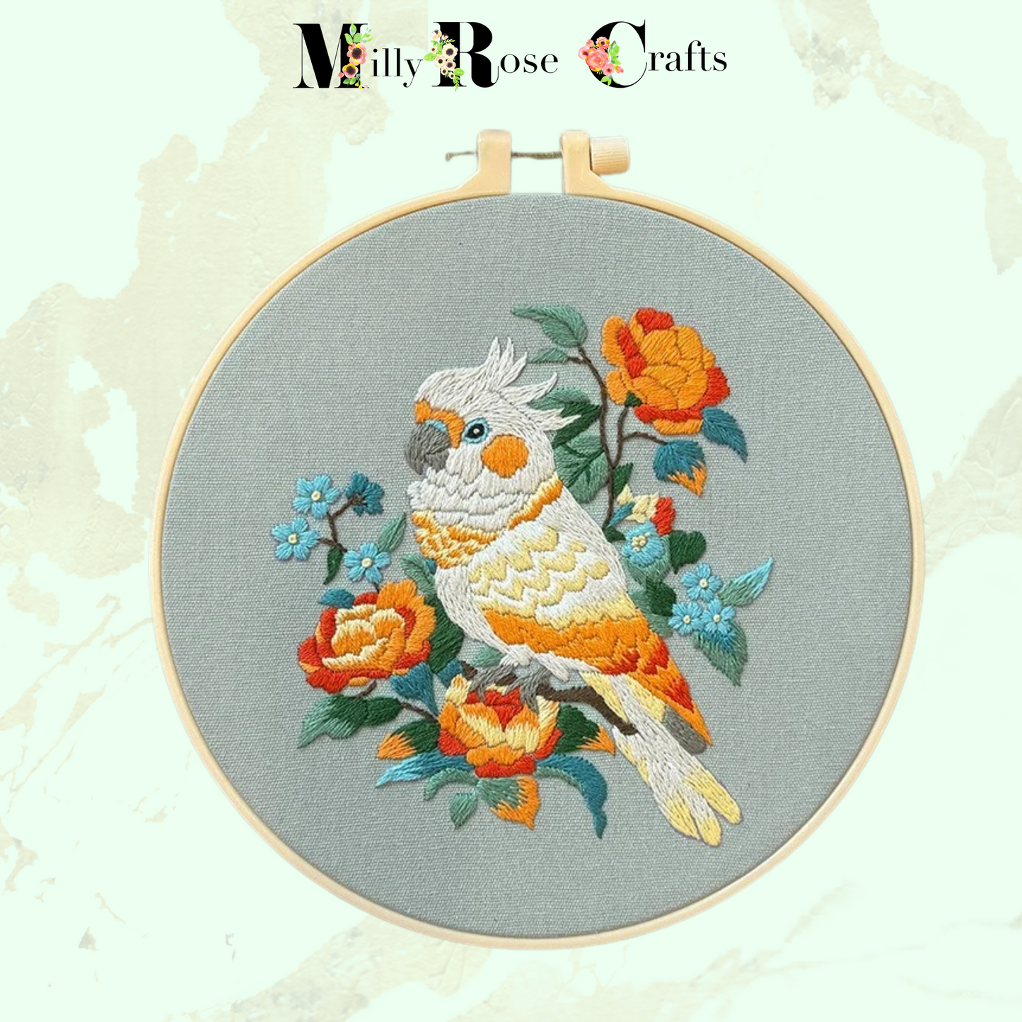 Cockatiel Parakeet Embroidery Kit Parrot Cross Stitch Bird & Flower Embroidery 20cm Hoop English Instruction Complete DIY Embroidery Craft