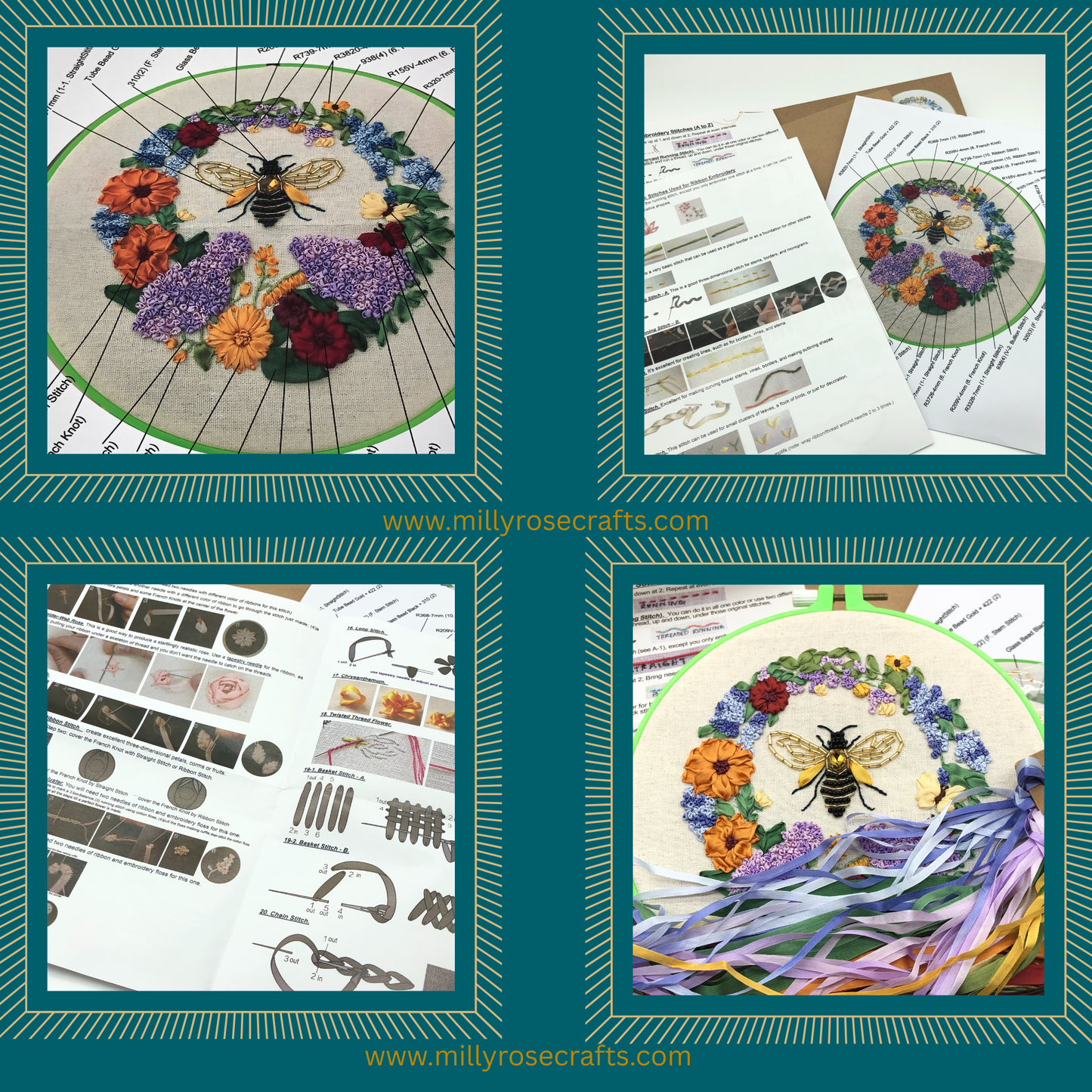 Beaded Bee & Mulberry Silk Ribbon Embroidery Kit | Heritage Craft Wreath Design by MillyRose