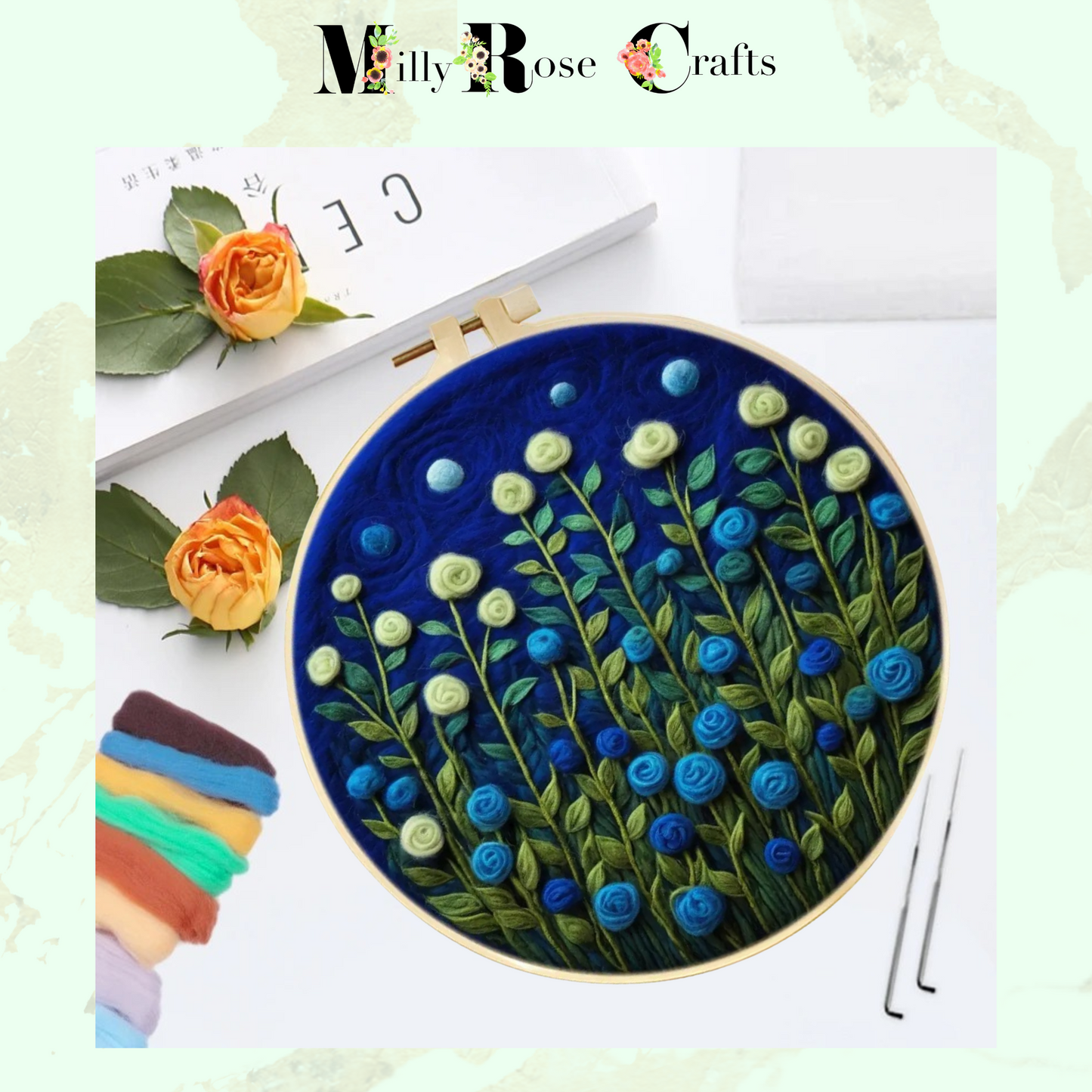 2D Floral Needle Felting Kit Adult Beginner Blue Themed Wool Painting Kit Complete Felting Kit 20cm Hoop Craft Gift Idea