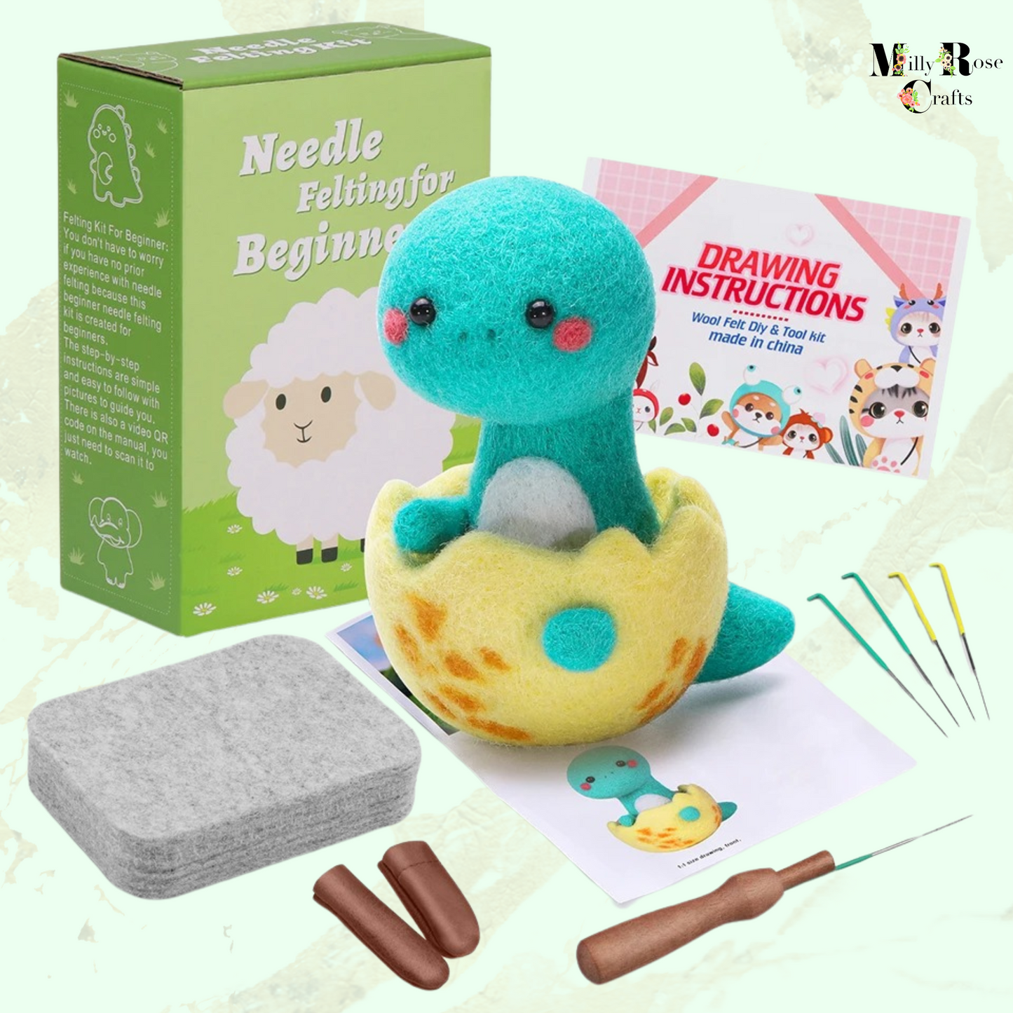 Amigurumi Dragon Needle Felting Kit, Beginner Dinosaur Needle Felting Adult,  Wool Felting Mat Perfect Craft Gift Idea Set 2