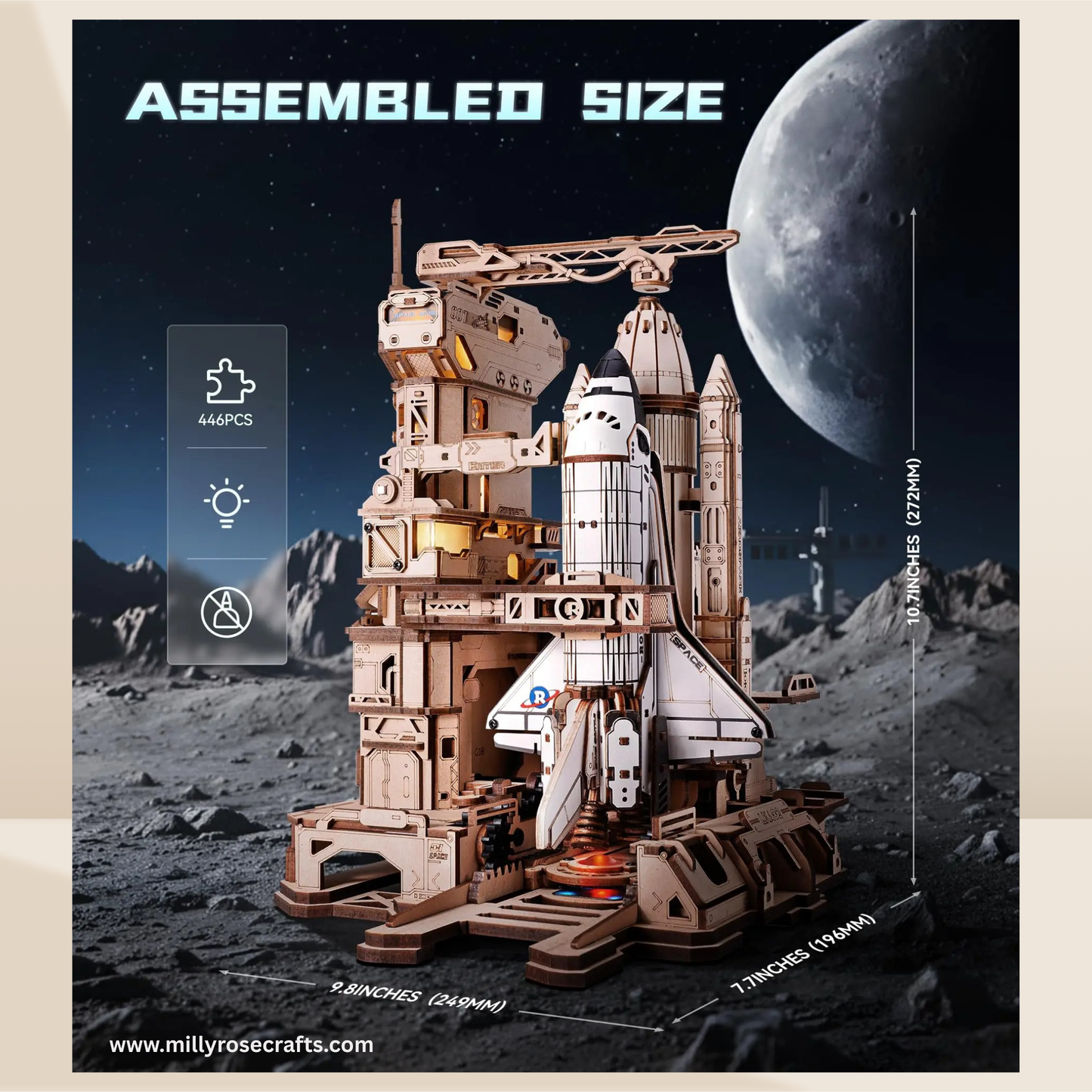 ROKR Space Shuttle 3D Wooden Puzzle Moving Rocket Launch Tower with Lights Mechanical Building STEM Project for Adults Teens Perfect Gift