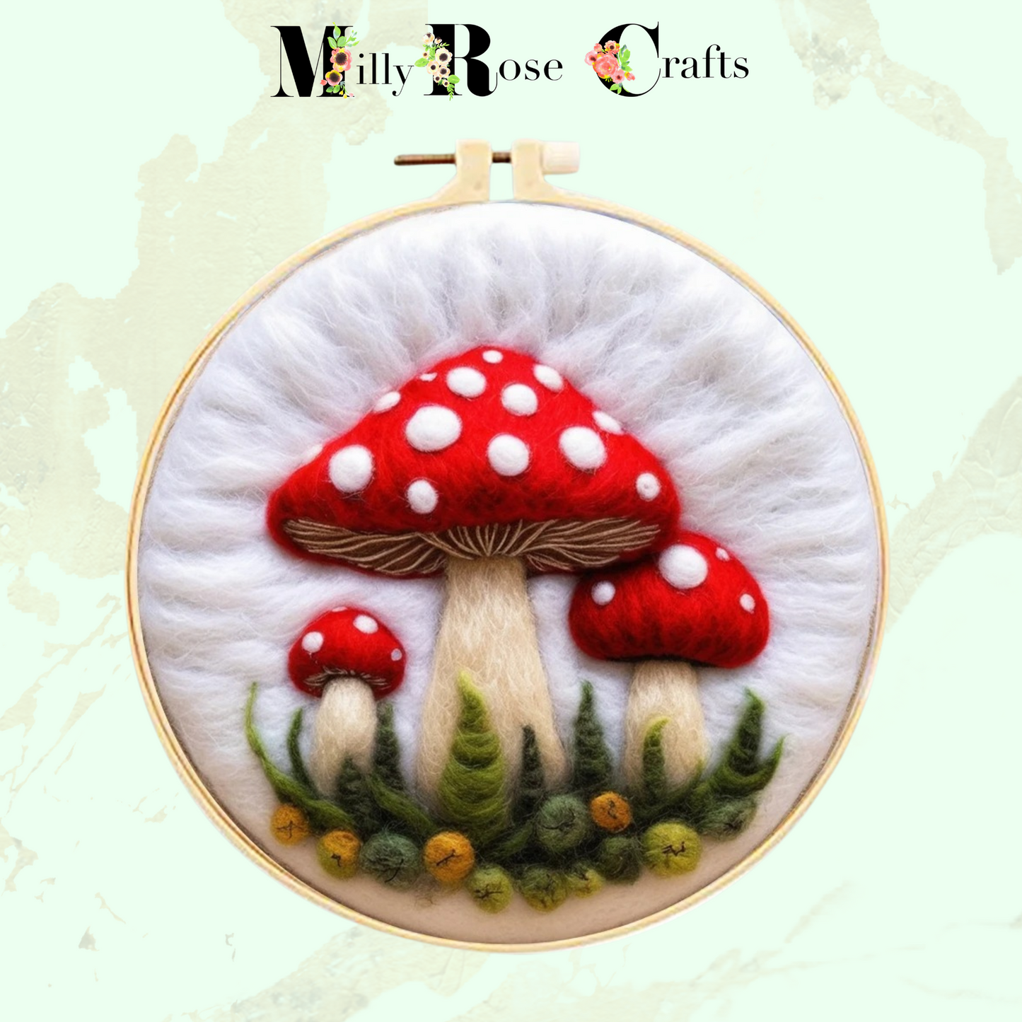 2d Needle Felting Kit Red and White Mushroom Wool Painting Kit Adult Beginner Friendly Toadstool Needle Felting Craft Merino Wool 20cm Hoop