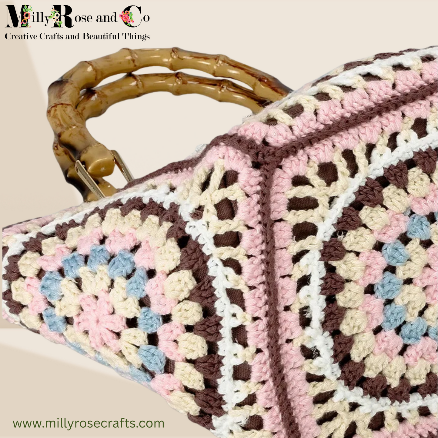 Bohemian Crochet  Granny Square Hand Bag Small Tote with Bamboo Handle Hand-Woven  Shoulder Bag Ideal Gift