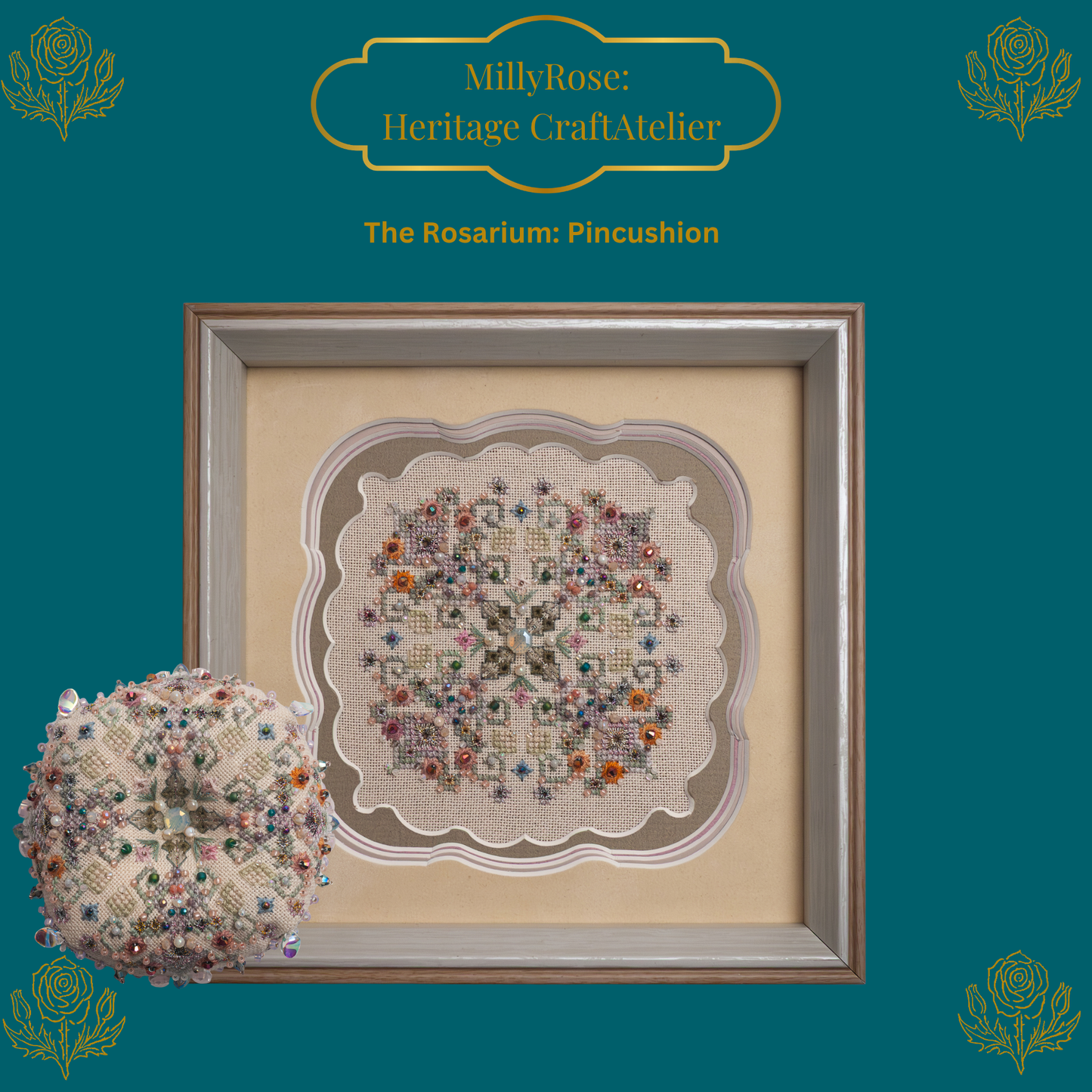 "Rosarium Pincushion" Luxury 3D Needlework Kit – The Garden Series 2 by IMake – Double-Sided Hand-Dyed Silk, Zweigart Linen & Beading Set
