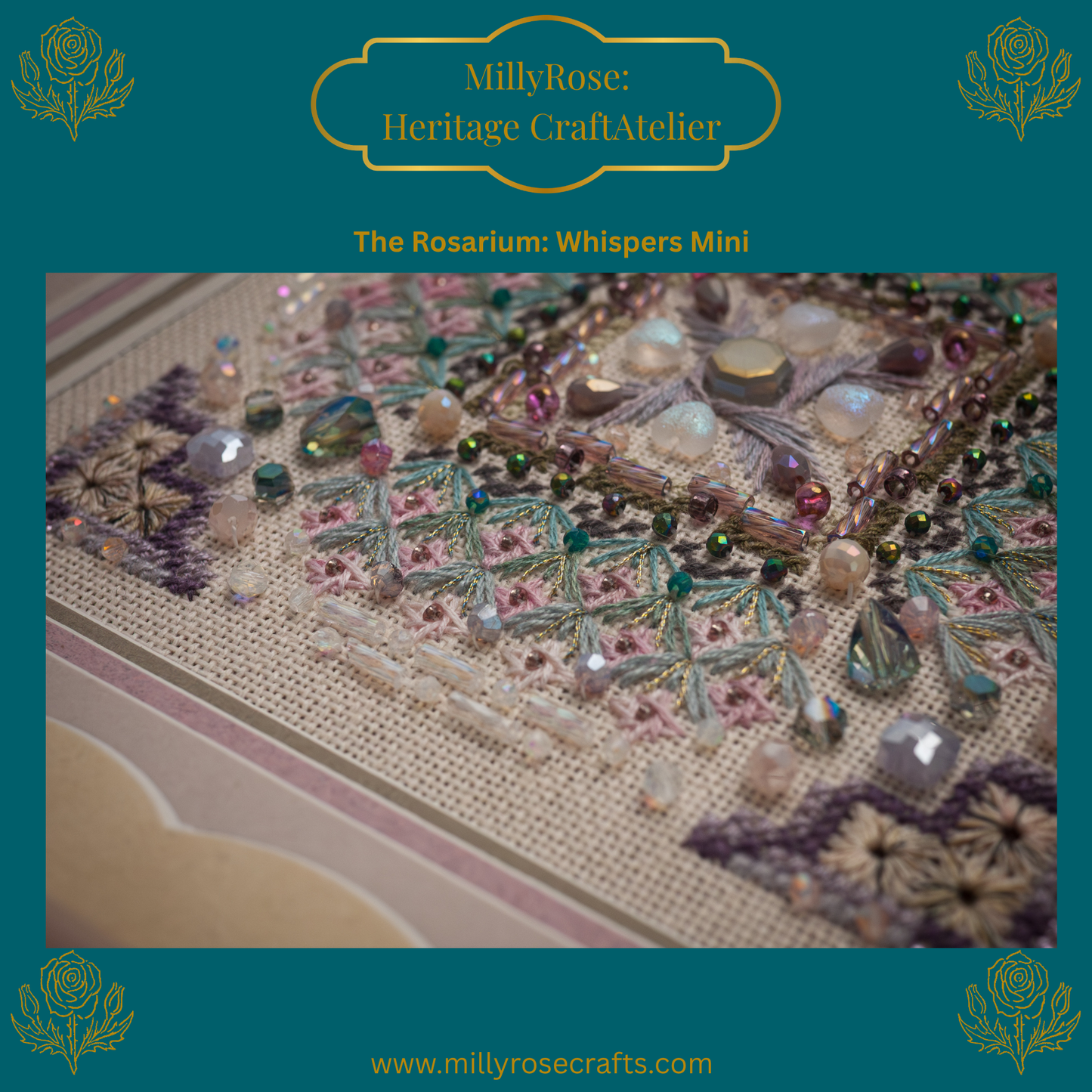 "Rosarium Whispers Mini" Luxury Cross Stitch & Beading Kit Garden Series 2 Series by IMake – 28ct Imported Zweigart Linen & Hand-Dyed Silk