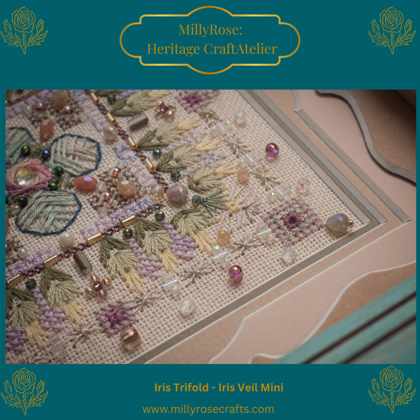 IMAKE Iris Trifold: Iris Veil Mini Luxury Cross Stitch & Mixed Media Needlework Kit Bead & Silk Embroidery
