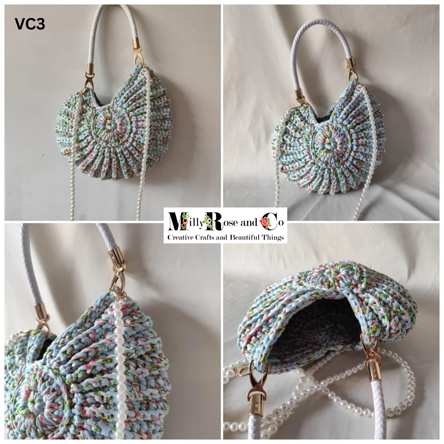 Crochet Nautilus Shell Hand Bag Handmade Shell Cross Body Variegated Colour Novelty Conch Bag Pearl Chain Gift Idea