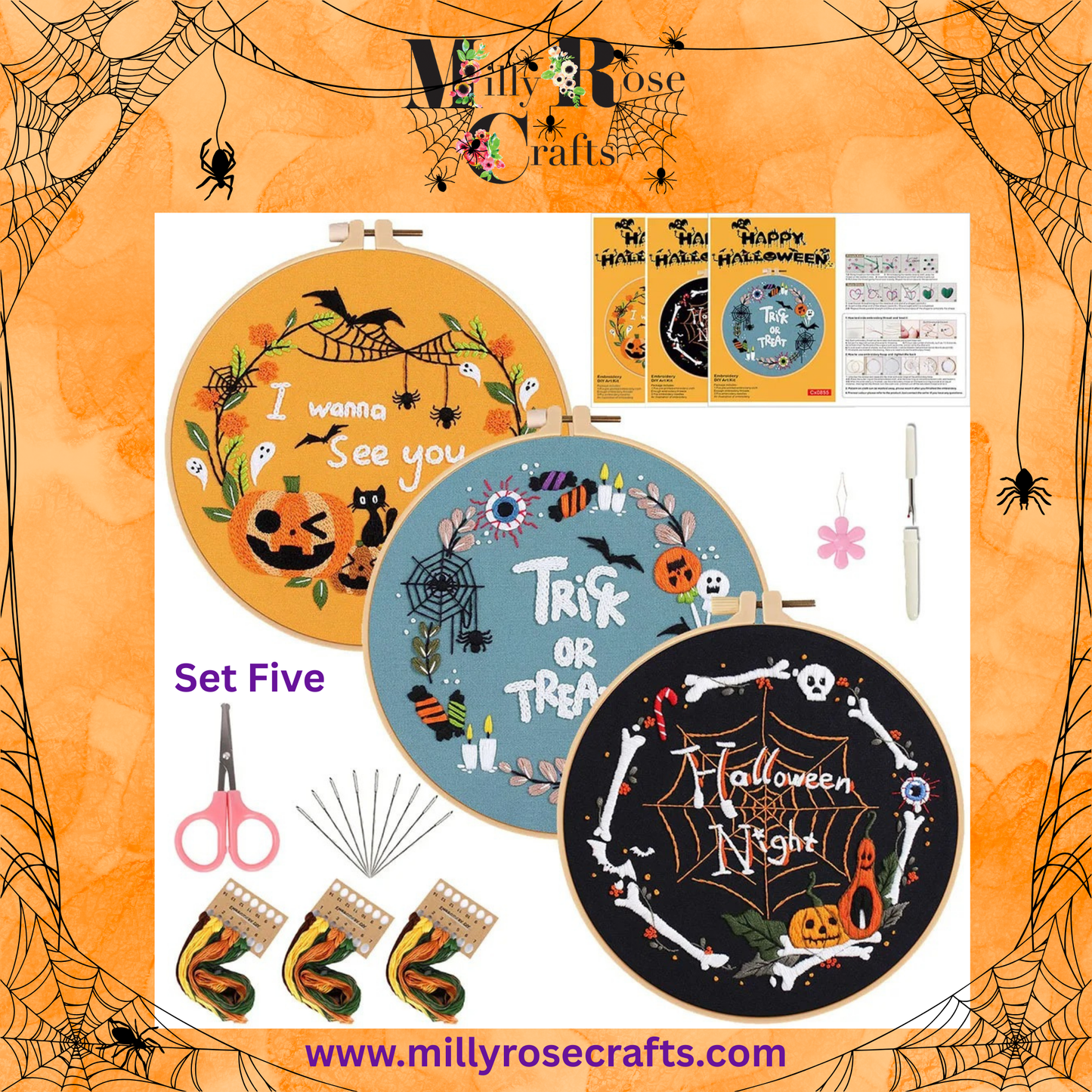 Halloween Embroidery Kits Set of 3 Witches pumpkins ghosts embroidery Kit Easy  Beginner Complete stamped cross stitch Kit Threads 3 Hoops