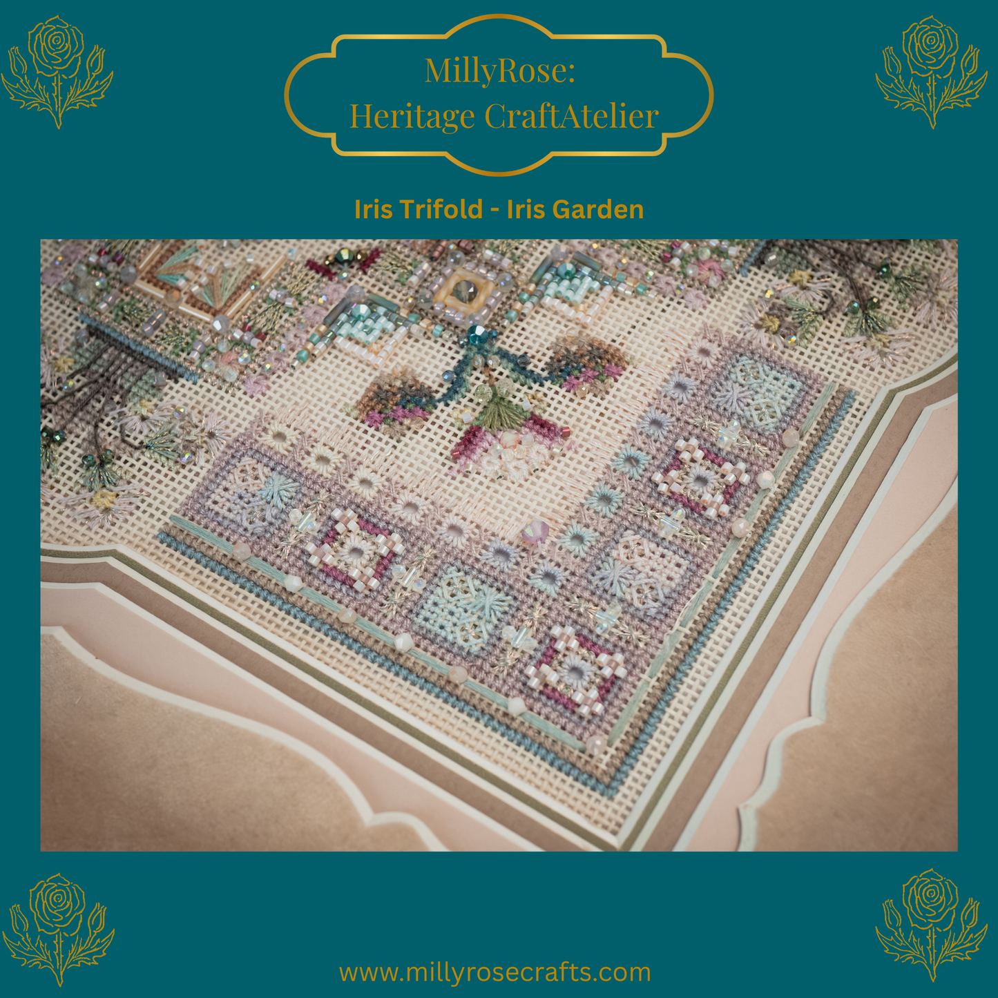 IMAKE Iris Trifold Iris Garden Luxury Cross Stitch  Mixed Media Needlework Kit Bead Embroidery