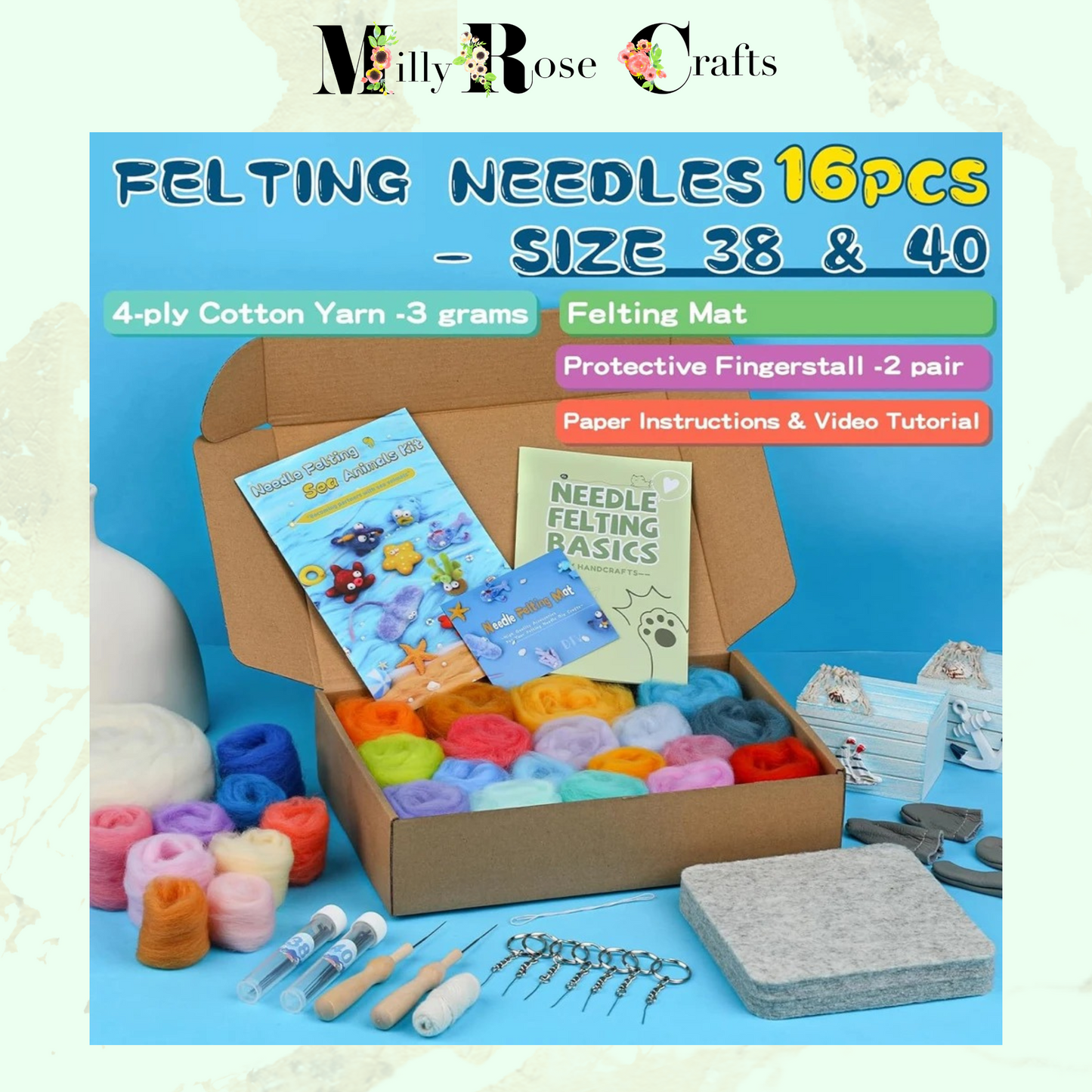 Sea Life Needle Felting Kit Beginners Adults, 12 Sea Animals Needle Felting Kit Wool Roving Felting Needles Wool Felting Pad Instructions