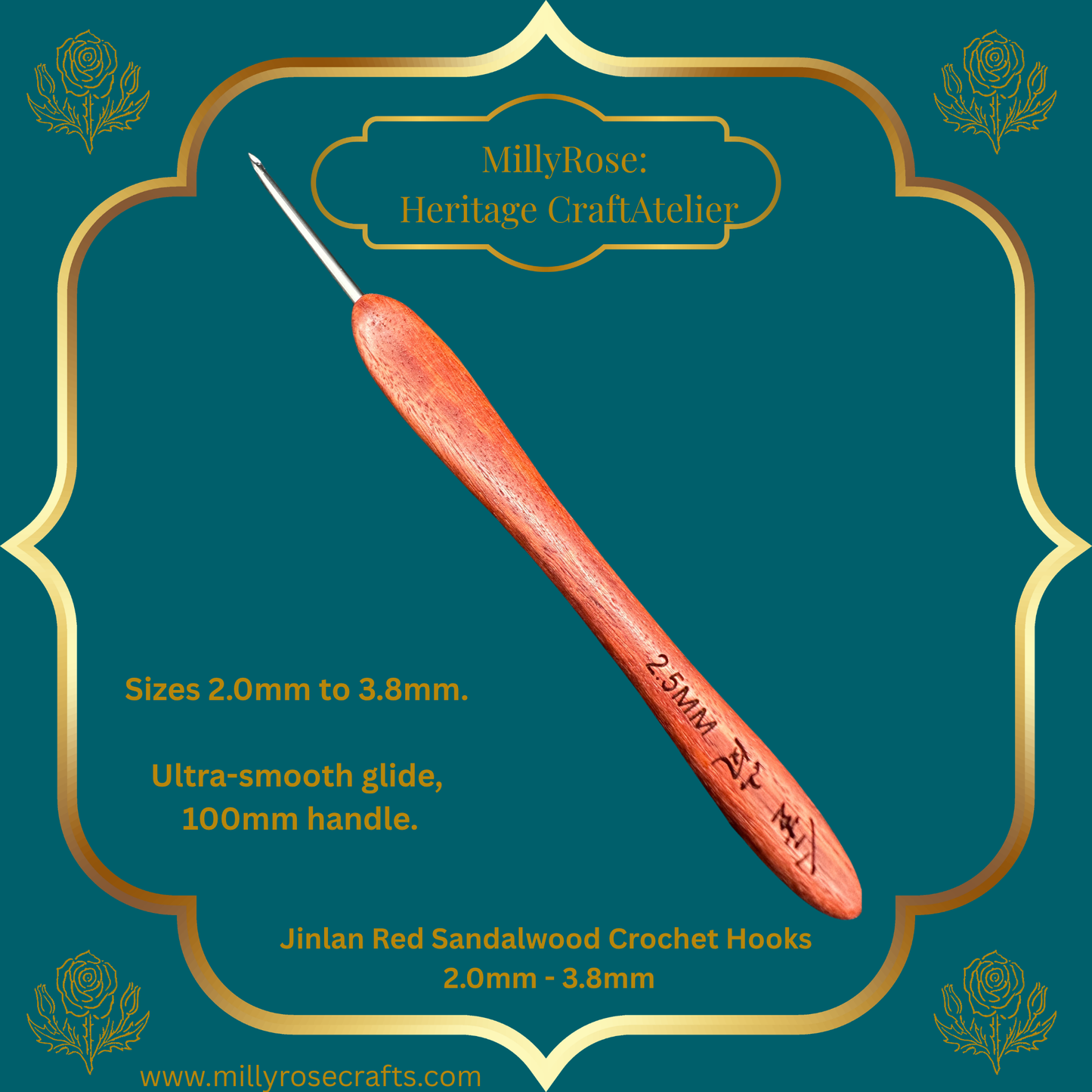 Jinlan Red Sandalwood Crochet Hook, Micro Crochet 2.0mm to 3.8mm High End Ergonomic Crochet Tool, Luxury Handcrafted Lace Hook, Heirloom Fiber Arts Gift, 100mm Handle
