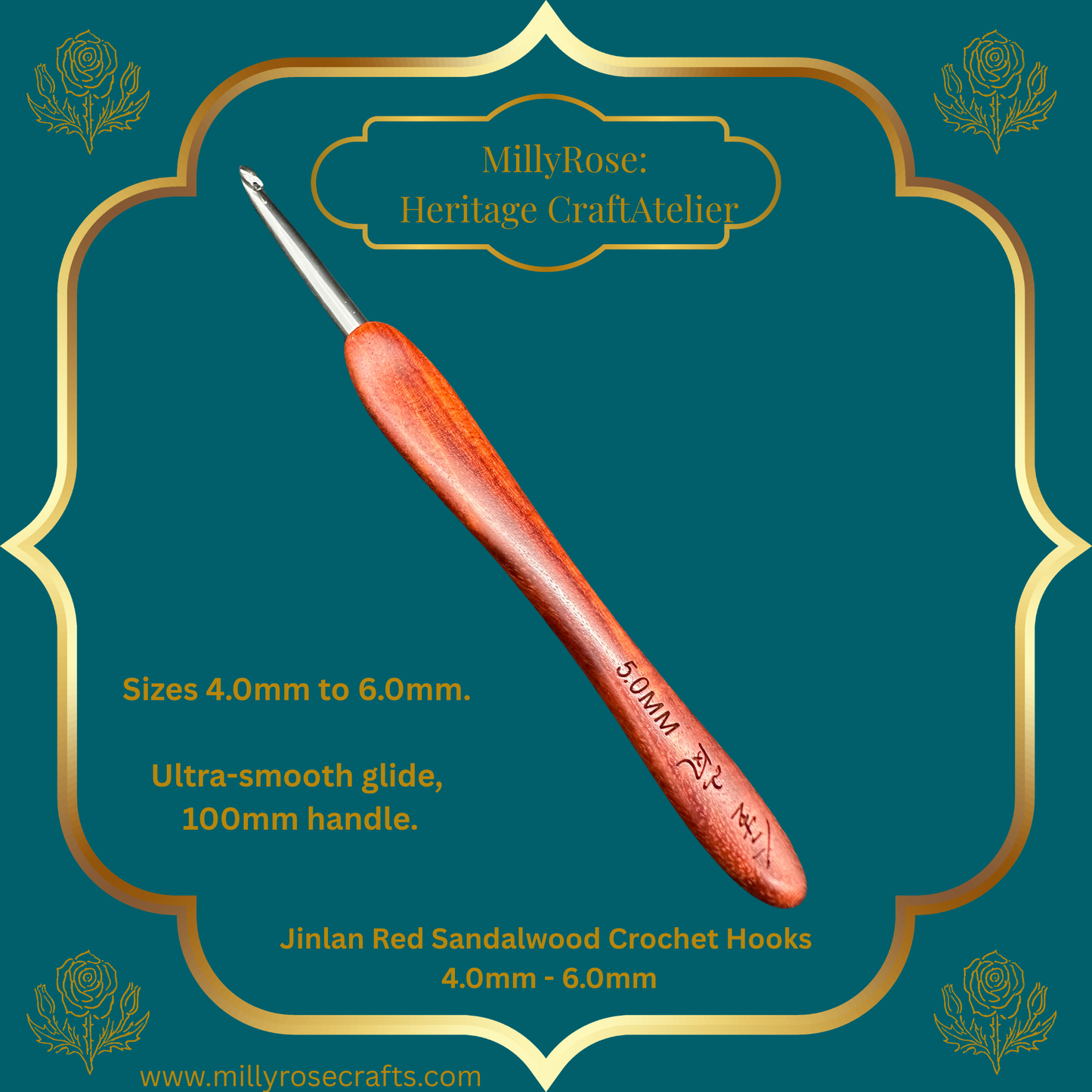 Jinlan Red Sandalwood Crochet Hook, Micro Crochet 4.0mm to 6.0mm High End Ergonomic Crochet Tool, Luxury Handcrafted Lace Hook, Heirloom Fiber Arts Gift, 100mm Handle