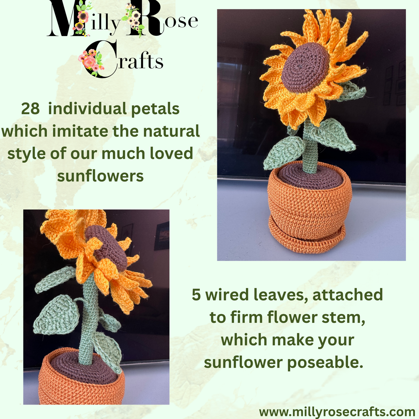 Artisan Hand-Crocheted Sunflower in Pot – Scheepjes Catona Cotton – Poseable Summer Decor