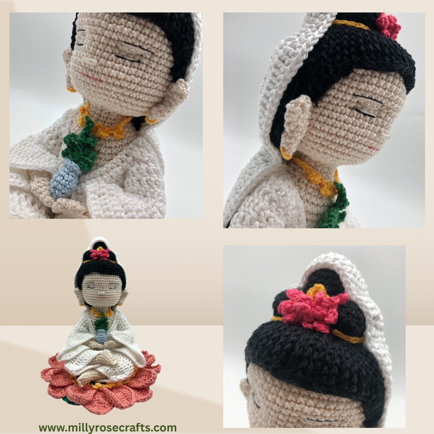 Hand-Crocheted Buddha Bodhisattva Figure Lotus Flower Coaster Peaceful Monk Amigurumi  Meditation & Wellbeing Altar Gift
