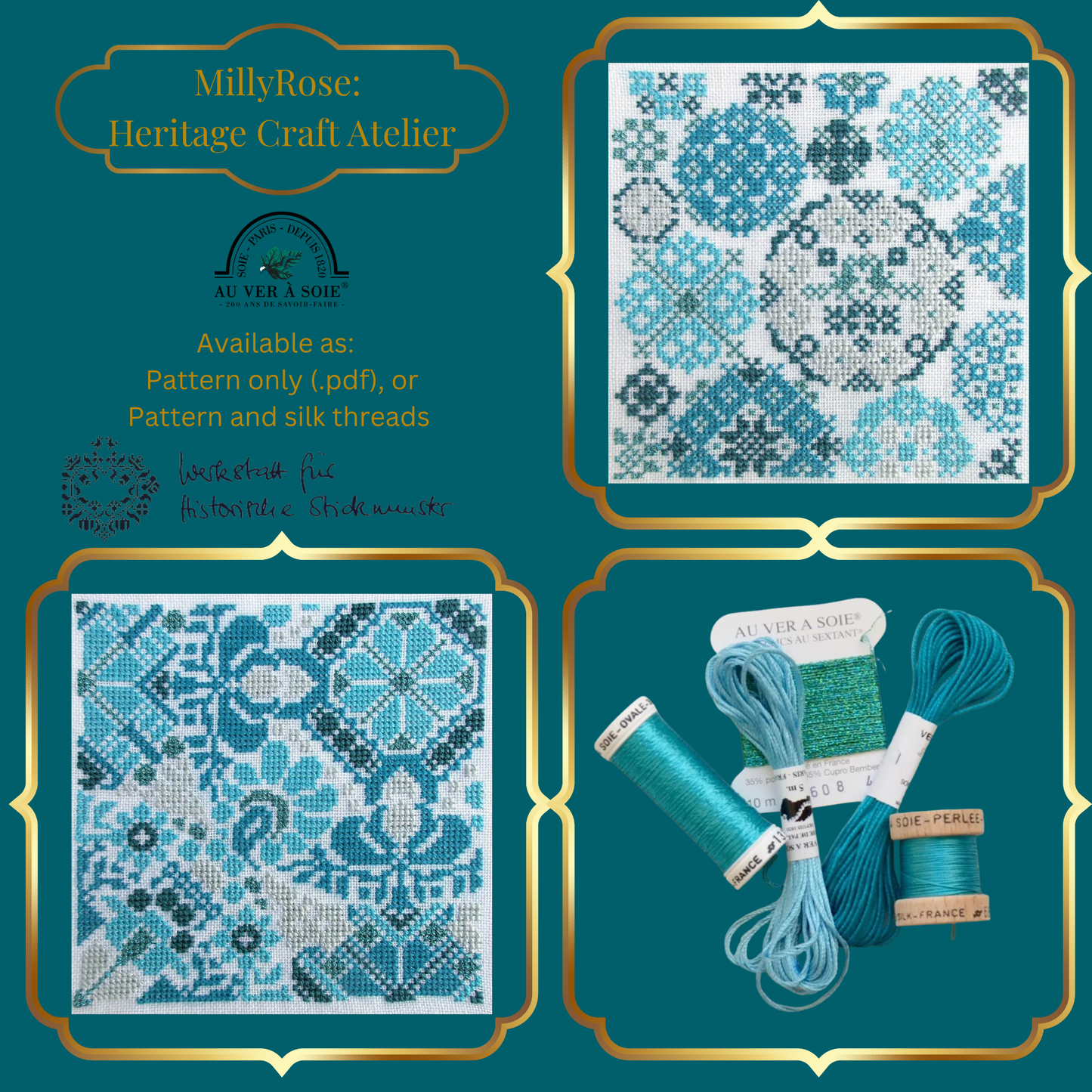 Historische Stickmuster Explorer Silk Cross Stitch Kit  Au Ver à Soie Turquoise Discovery Pack Sampler