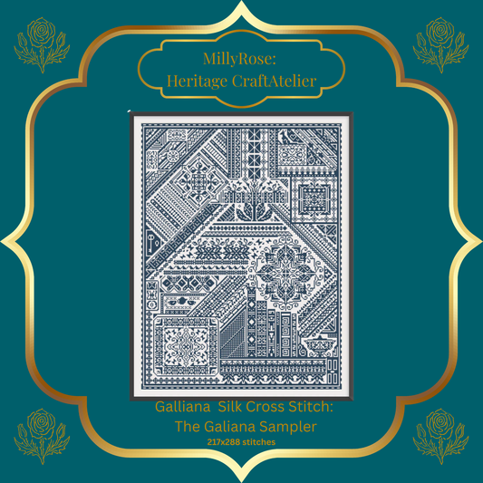 "The Galliana Sampler" Luxury Cross Stitch Kit by Elaine Gallacher – Monochrome British Sampler with Premium Soie d'Alger Silk & Heritage Linen – Historische Stickmuster
