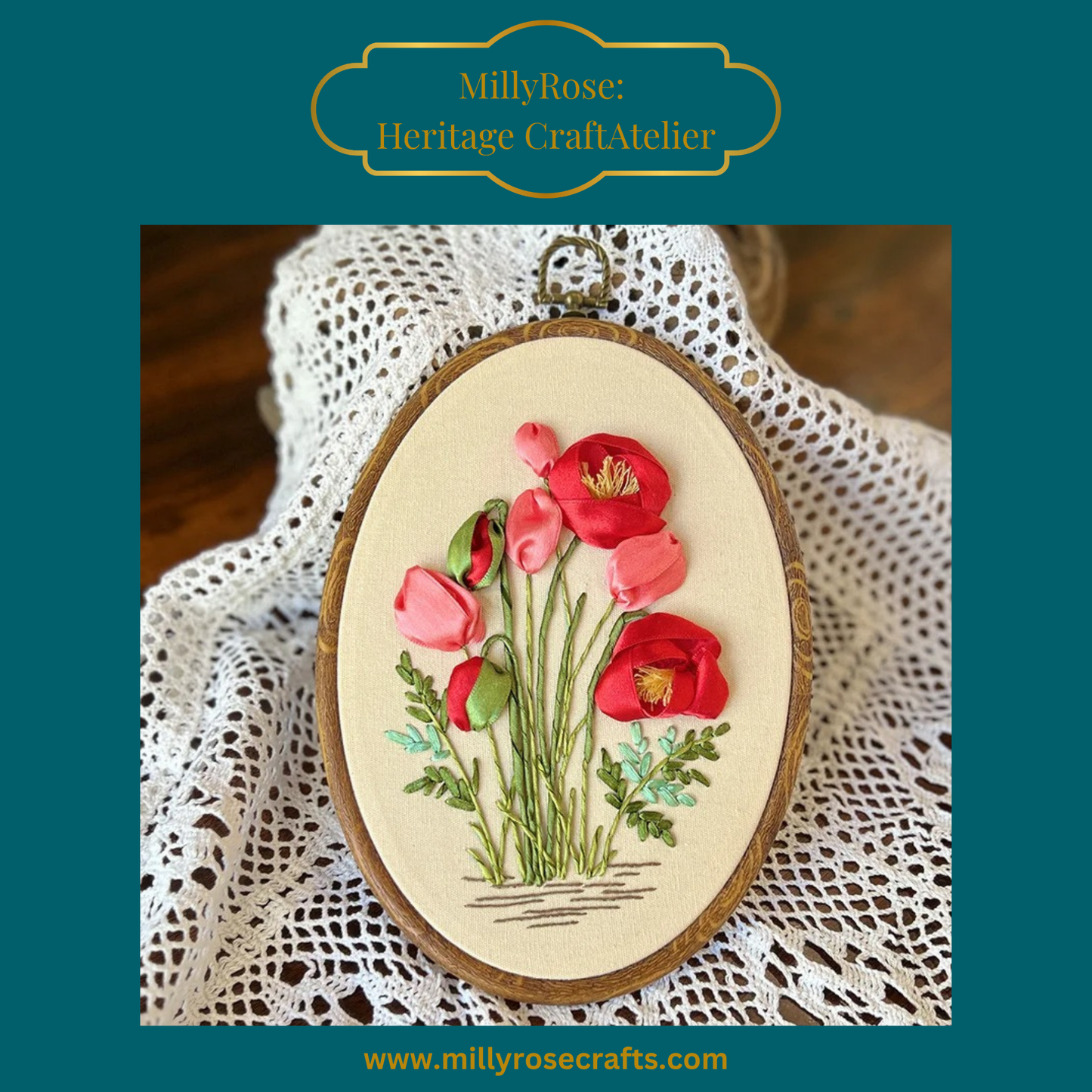 Red Poppies Silk Ribbon Embroidery Kit | Premium Mulberry Silk Floral Design | Heritage Craft Atelier