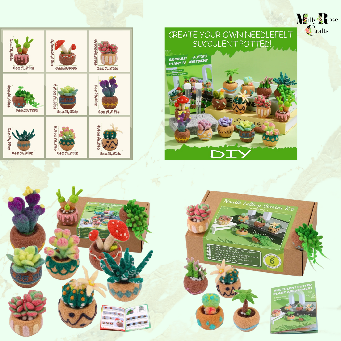 Succulent Needle Felting Kit, Cacti in Pots Needle Felting Kit 6-9-15 Cacti Felting Kit Wool Felting Mat 12 Felting Needles Craft Gift