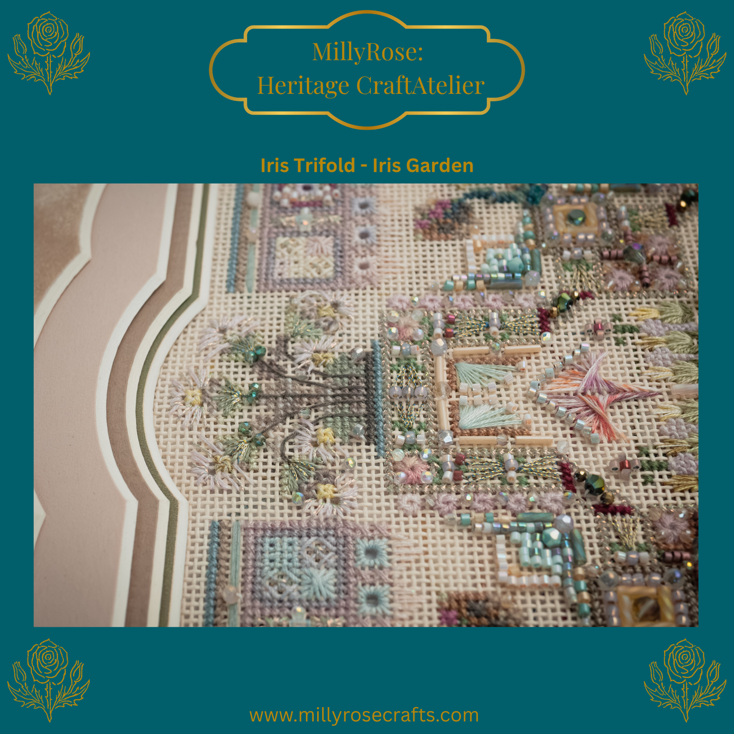 IMAKE Iris Trifold Iris Garden Luxury Cross Stitch  Mixed Media Needlework Kit Bead Embroidery