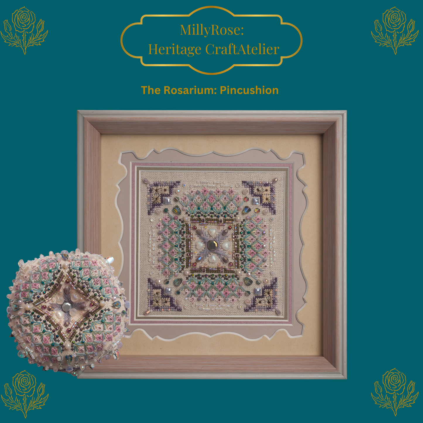 "Rosarium Pincushion" Luxury 3D Needlework Kit – The Garden Series 2 by IMake – Double-Sided Hand-Dyed Silk, Zweigart Linen & Beading Set