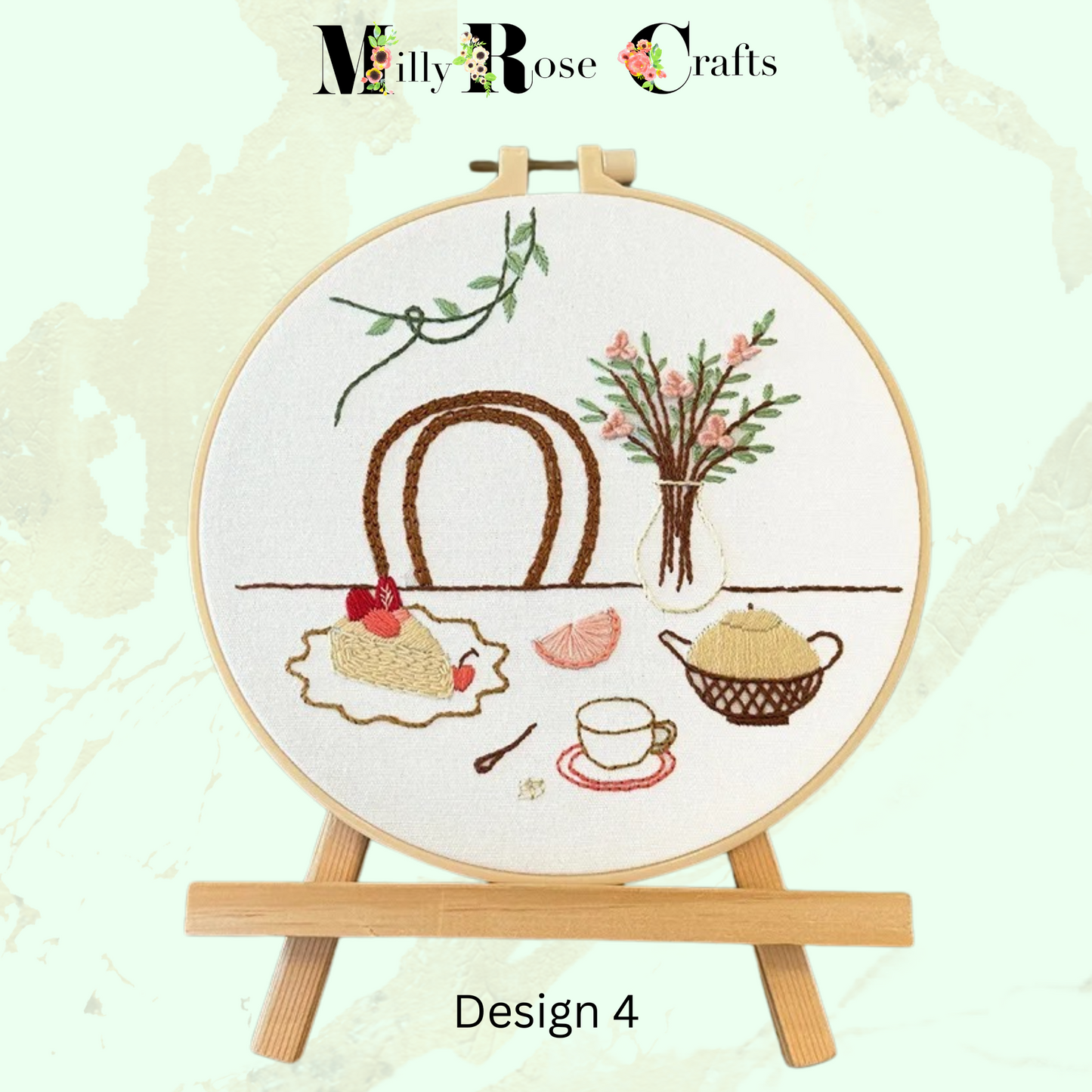 Afternoon Tea Embroidery Kit Gin Cocktails China Cups Cupcake Embroidery Beginner Adult Easy Instructions Stamped Embroidery Cloth 20cm Hoop