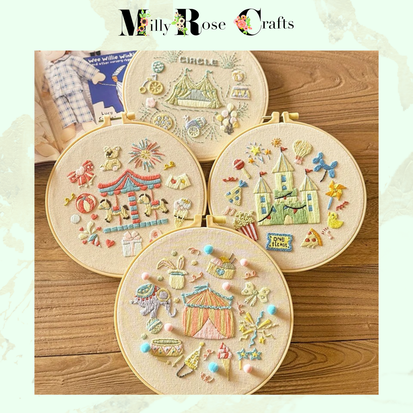 Fun Fair Carousel Embroidery Kits DIY Nursery Embroidery Kit for Beginners Adults Circus Embroidery Castle Stamped Cross Stitch Perfect Craft Gift Idea