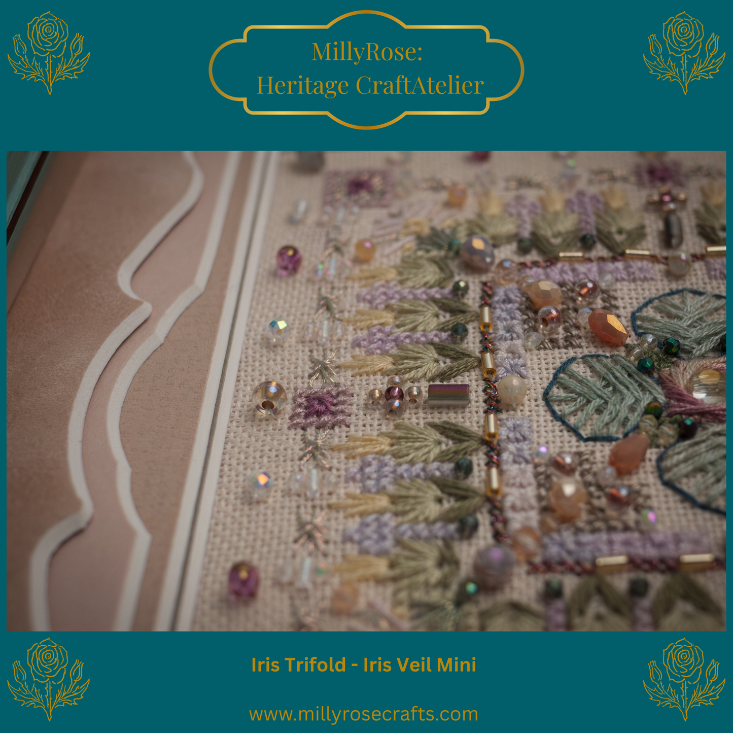 IMAKE Iris Trifold: Iris Veil Mini Luxury Cross Stitch & Mixed Media Needlework Kit Bead & Silk Embroidery