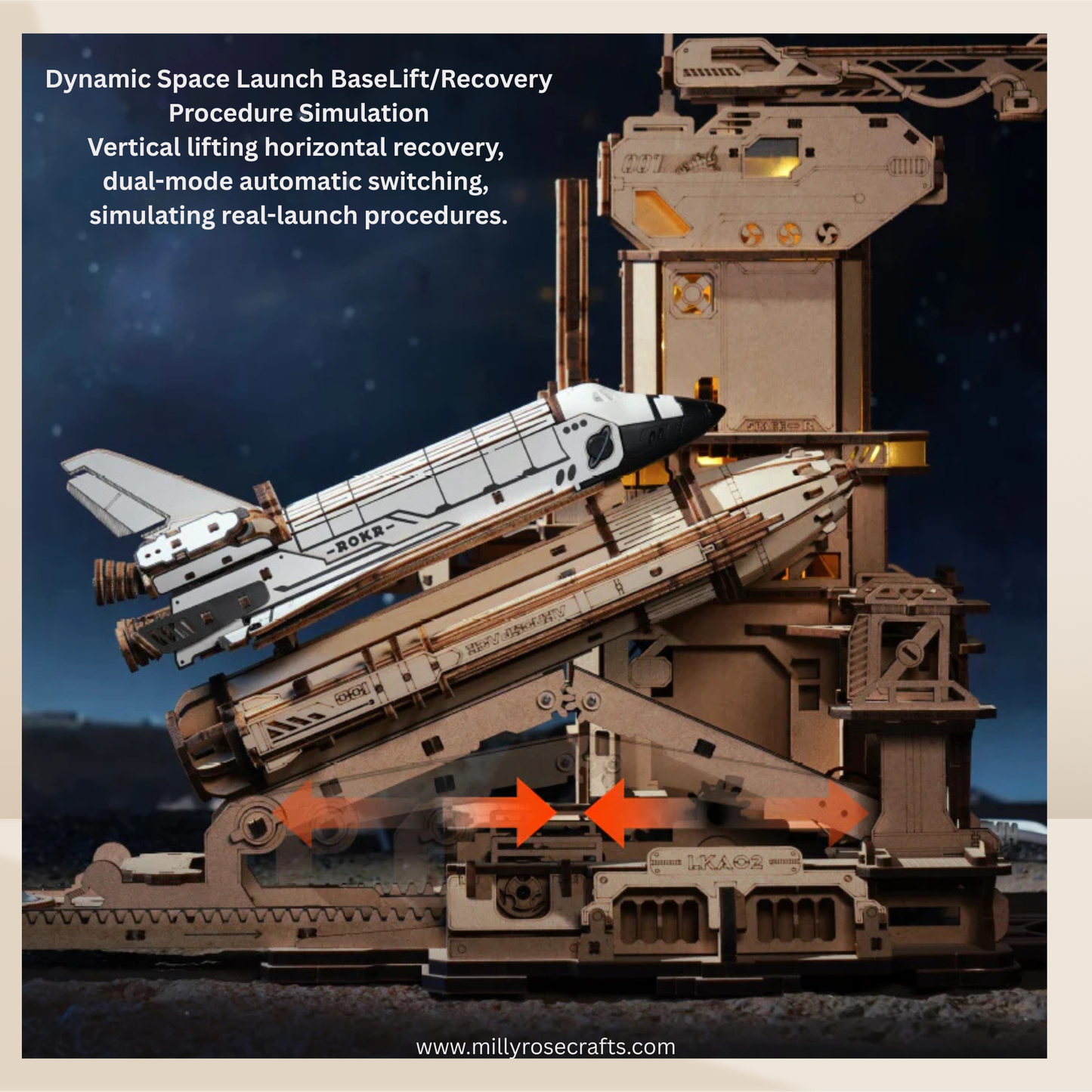 ROKR Space Shuttle 3D Wooden Puzzle Moving Rocket Launch Tower with Lights Mechanical Building STEM Project for Adults Teens Perfect Gift