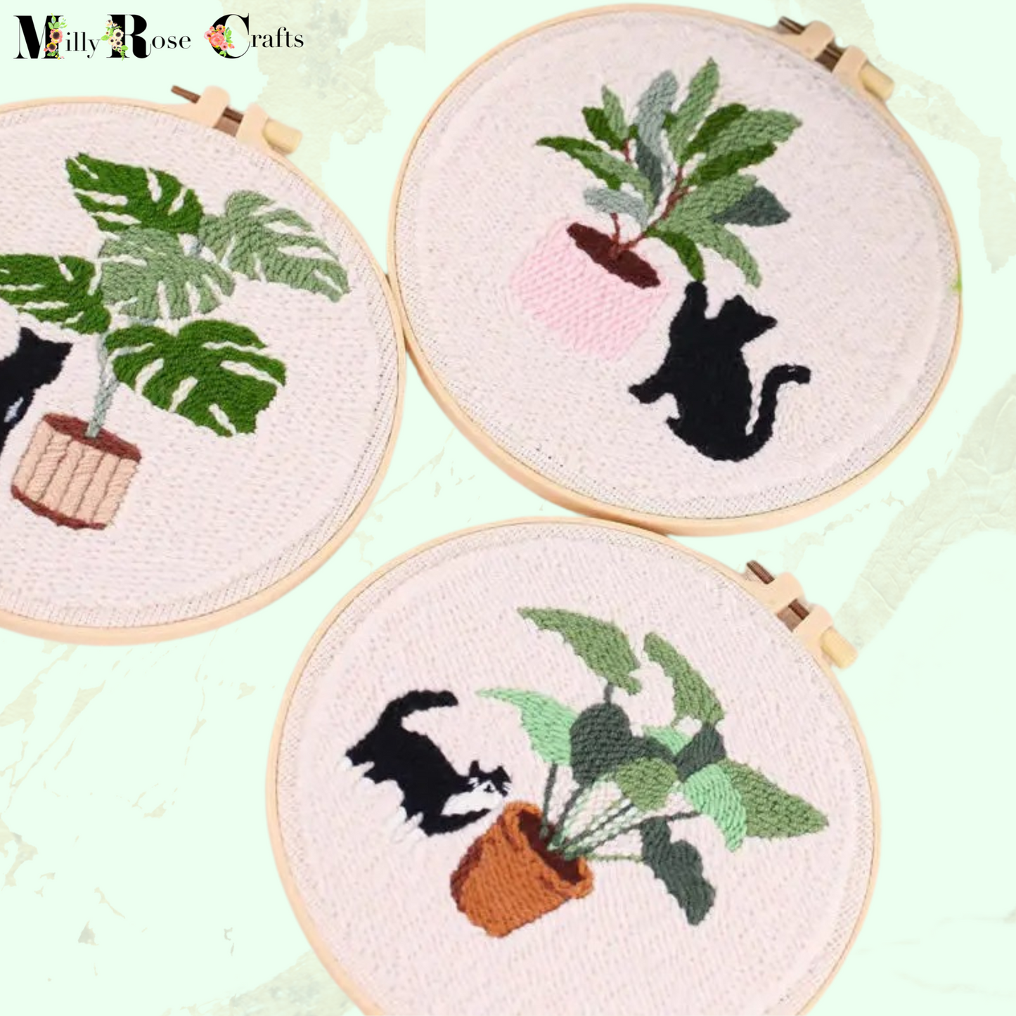 Black Cat Punch Needle Kit Beginner Adult Cat and Plant Punch Needle Embroidery Kit 20cm Hoop Complete DIY Craft Kit Gift Idea