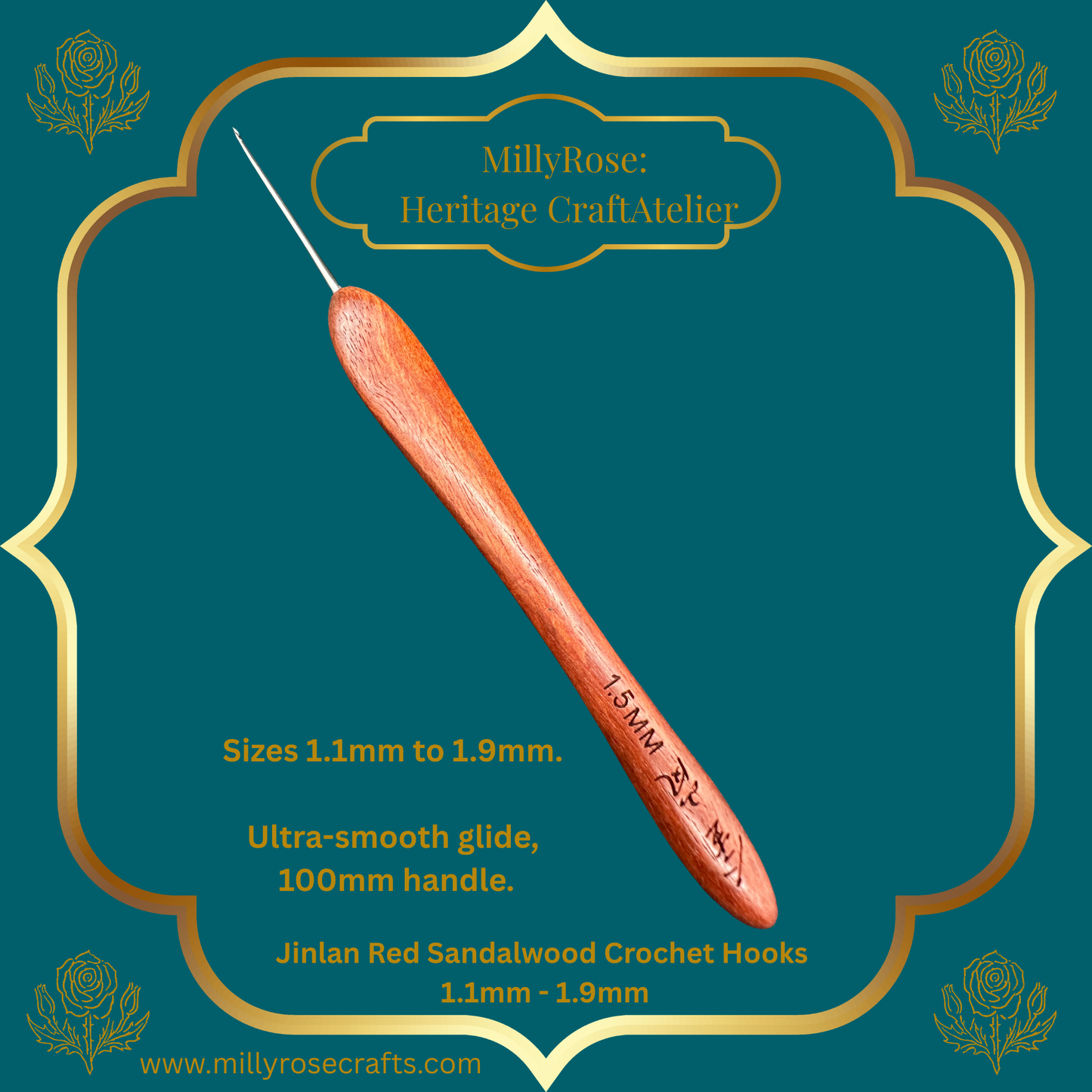 Jinlan Red Sandalwood Crochet Hook, Micro Crochet 1.1mm to 1.9mm High End Ergonomic Crochet Tool, Luxury Handcrafted Lace Hook, Heirloom Fiber Arts Gift, 100mm Handle