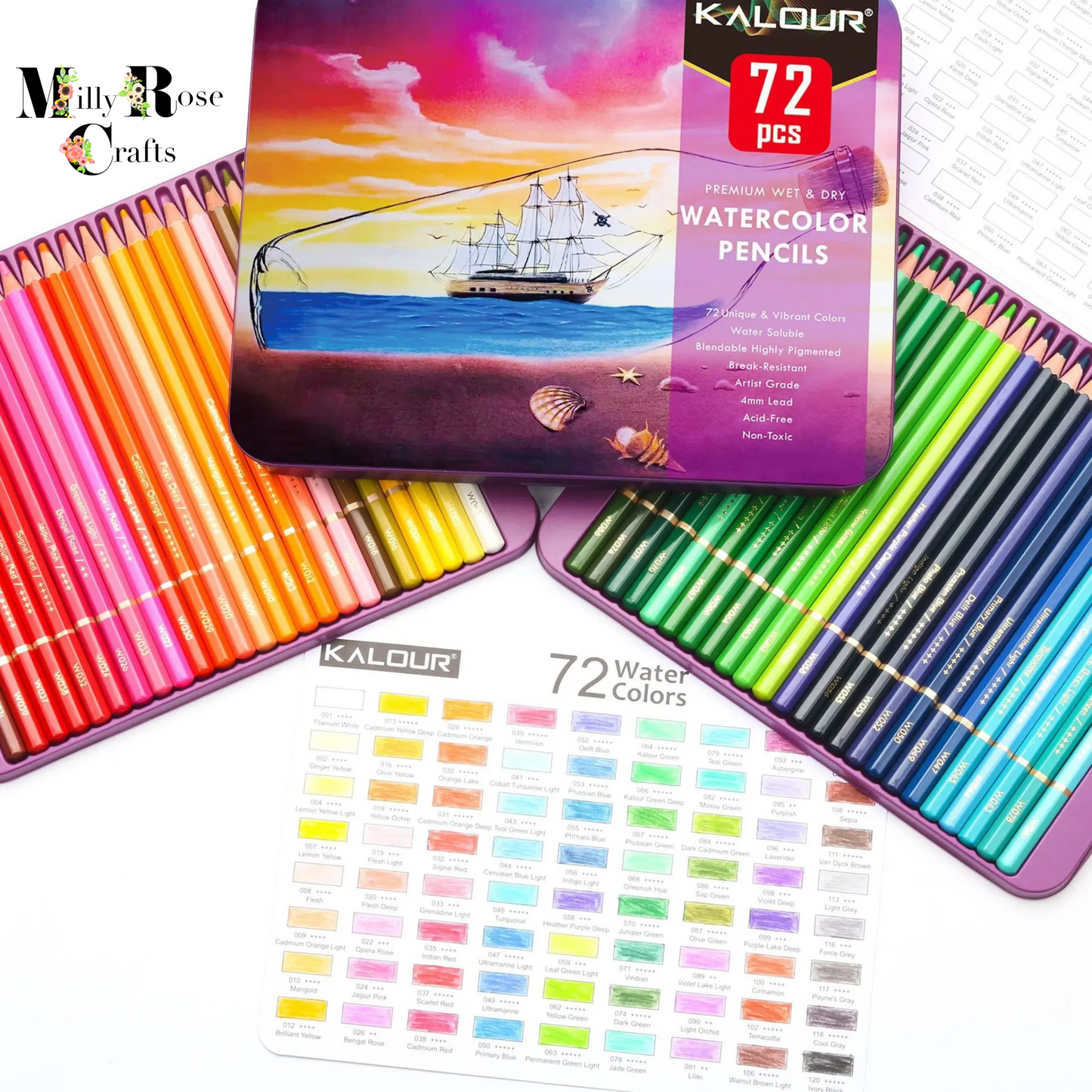 KALOUR 72 Water Colour Pencils Metal Tin Non Toxic Pigment Rich Professional Drawing Color Pencil For Artist Colouring Sketch Art Supplies