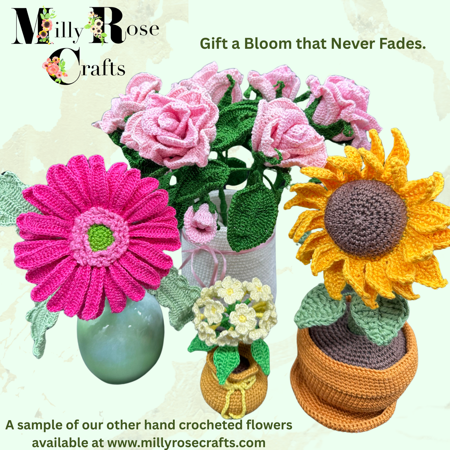 Artisan Hand-Crocheted Gerbera – 100% Egyptian Cotton – Poseable Wired Flower