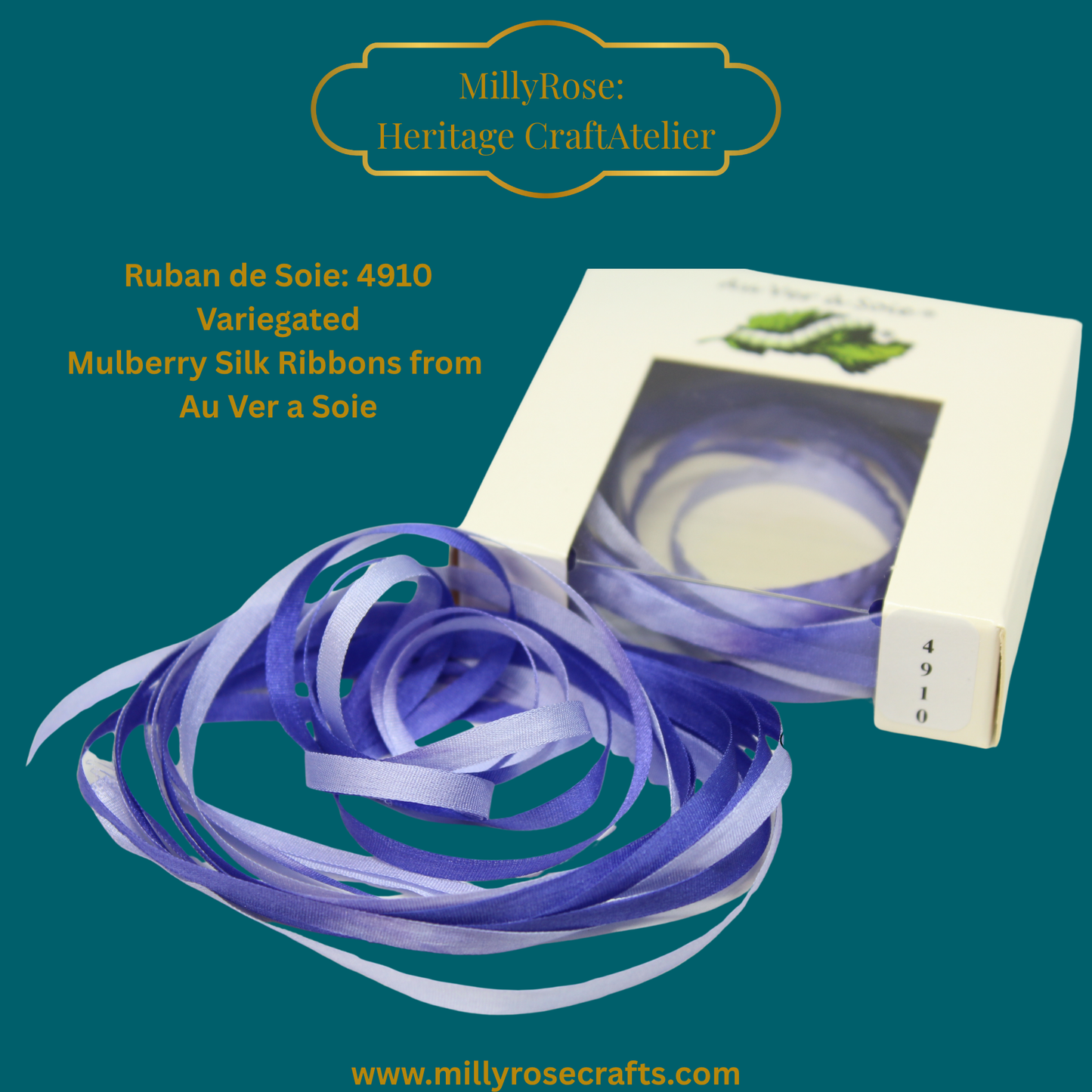 Au Ver à Soie 4mm blue variegated mulberry silk ribbon 4910 official swatch
