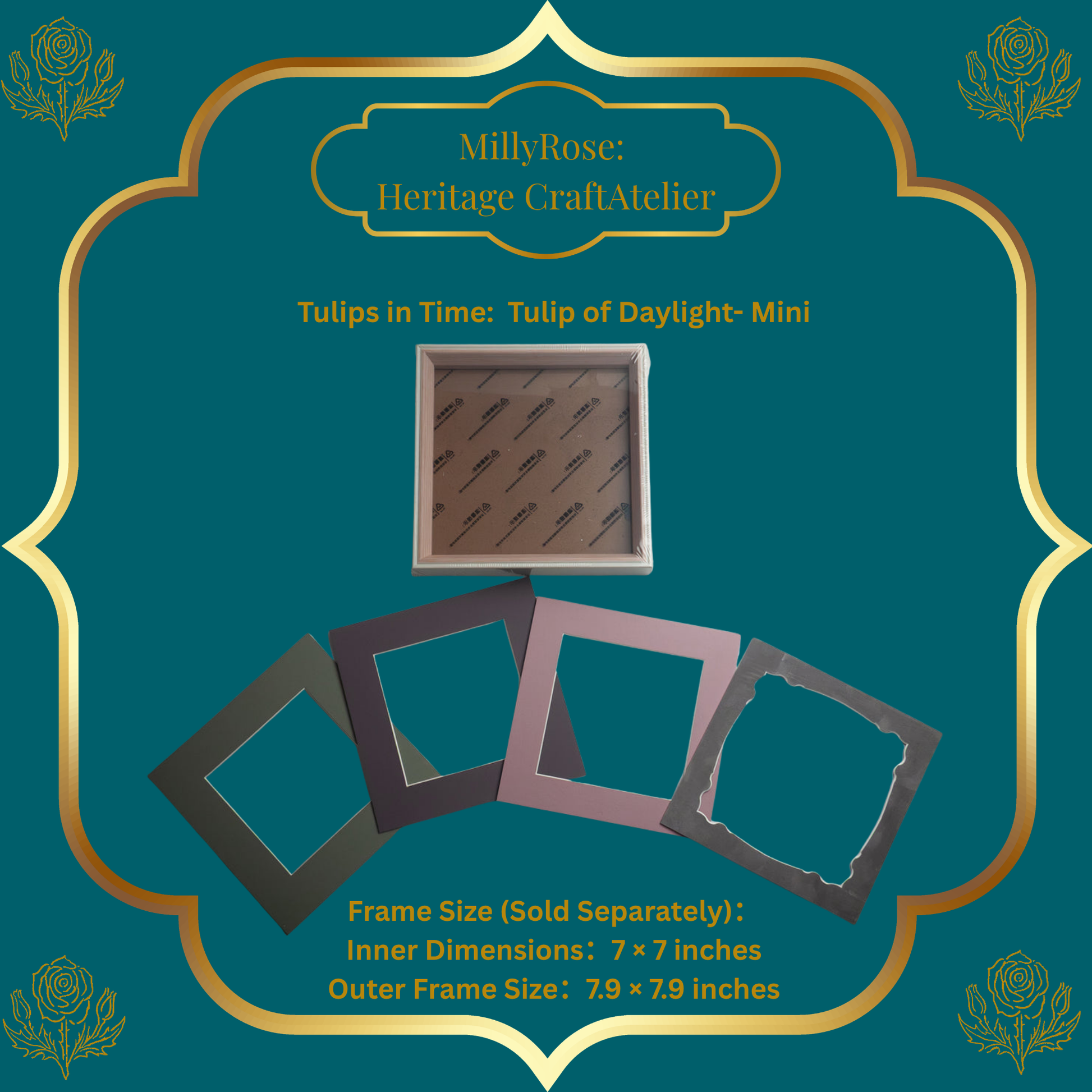Product packaging for 'Tulips in Time: Night Sky Tulips Mini' by MillyRose Heritage Craft Atelier on a teal background.