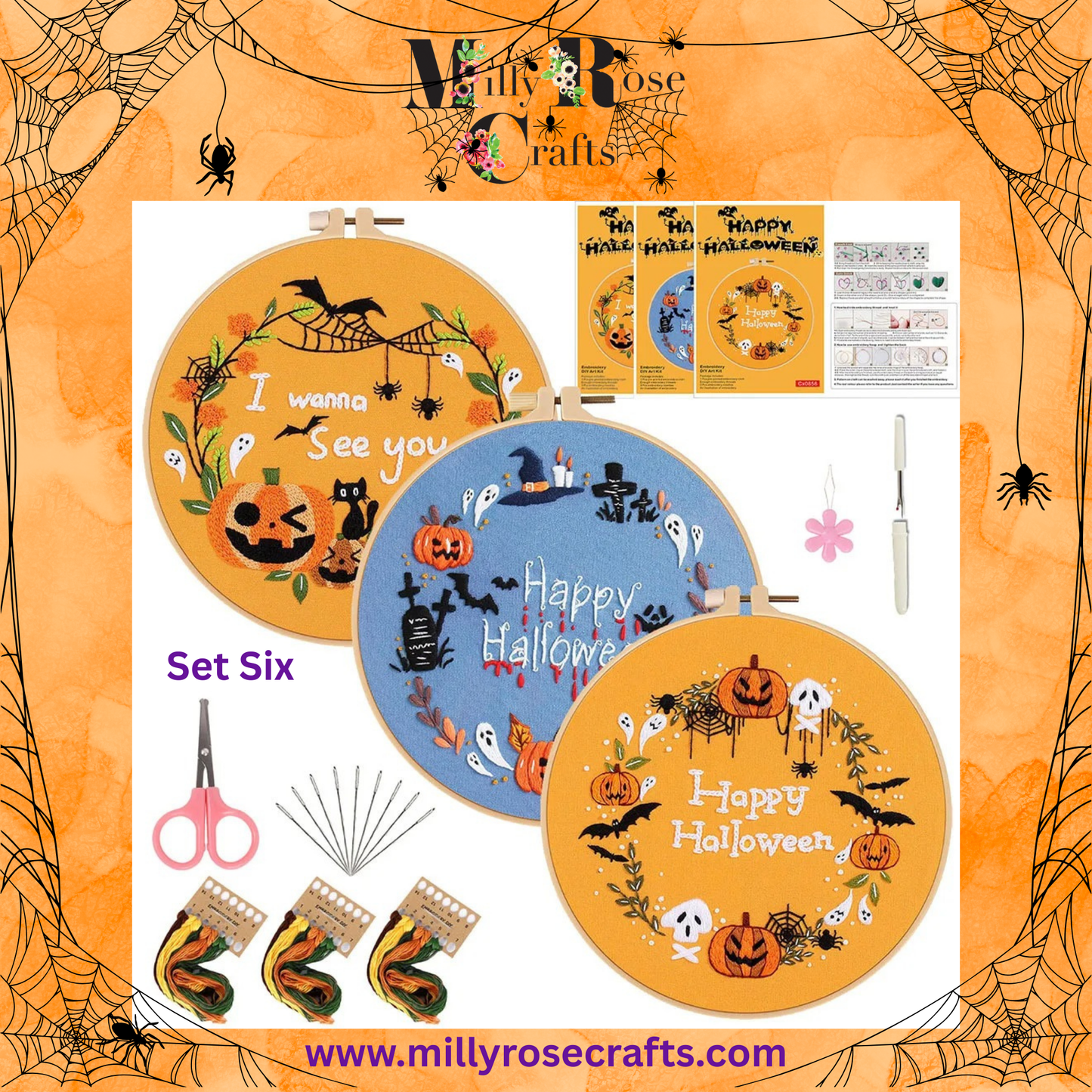 Halloween Embroidery Kits Set of 3 Witches pumpkins ghosts embroidery Kit Easy  Beginner Complete stamped cross stitch Kit Threads 3 Hoops